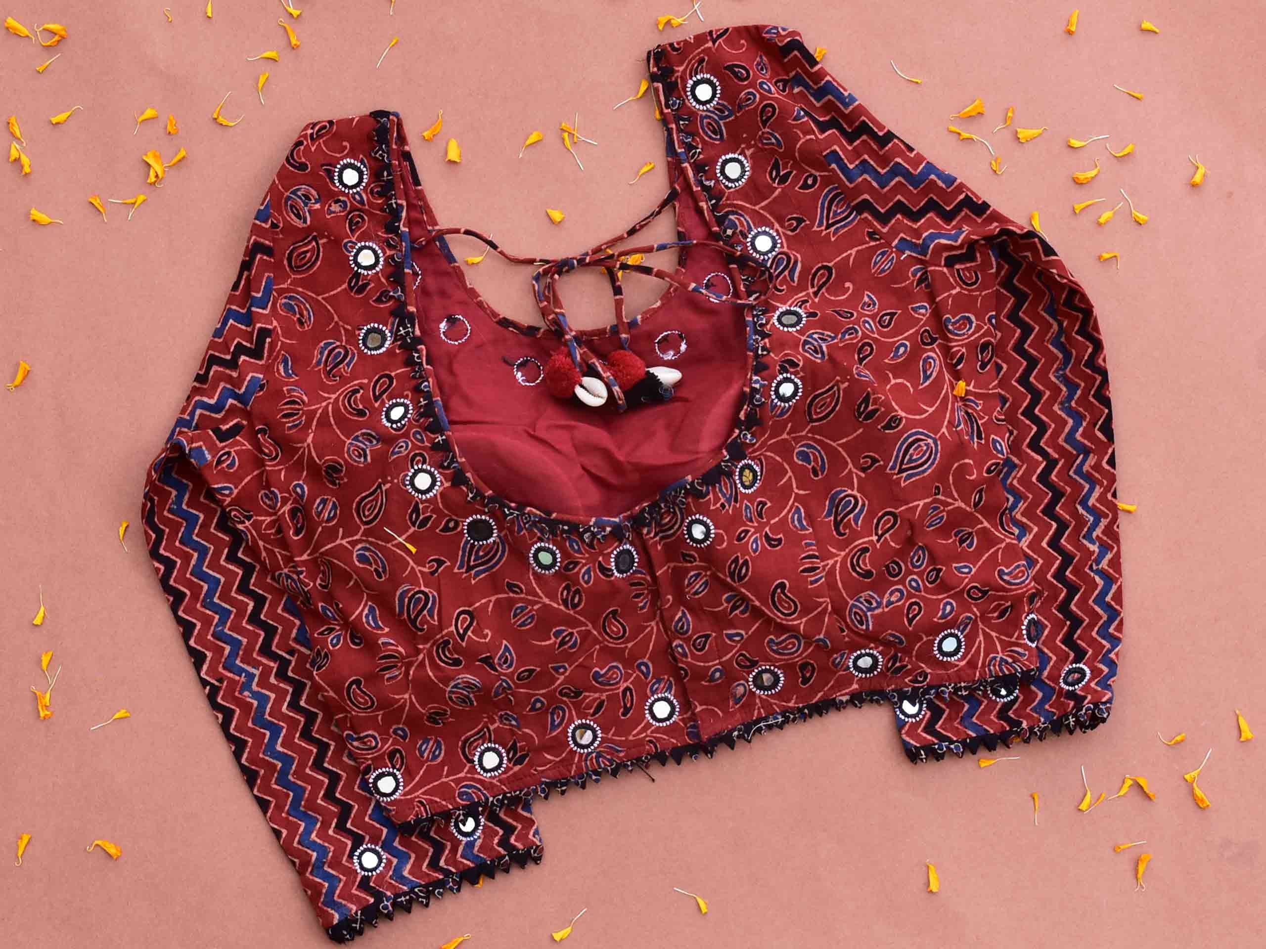 Maroon Floral-Stripes Ajrakh hand block printed Kutch mirror work designer blouse