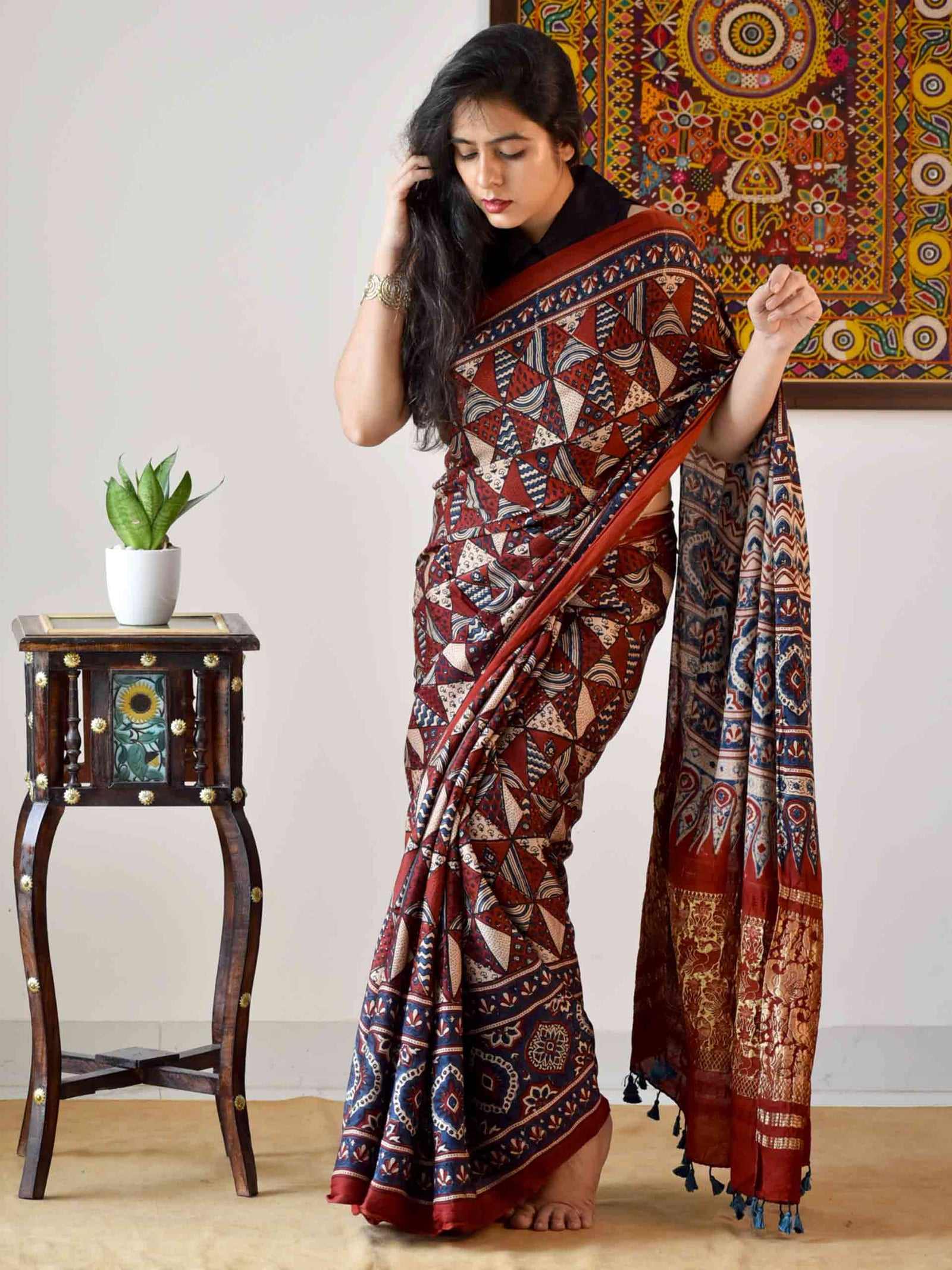 Kora Ajrakh Cotton Saree main image 1
