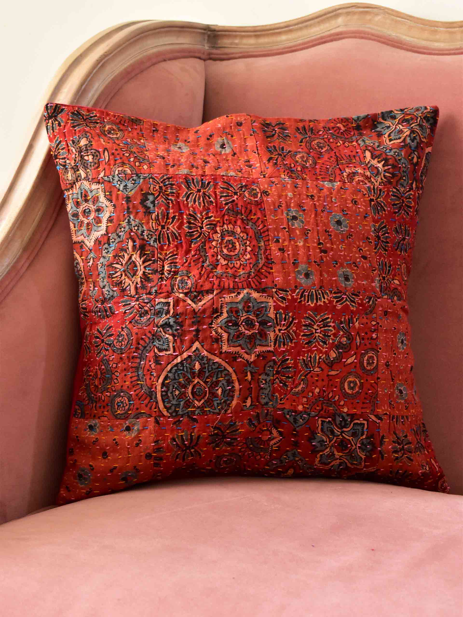 Missi - Ajrakh Patchwork kantha embroidered cushion cover 16X16