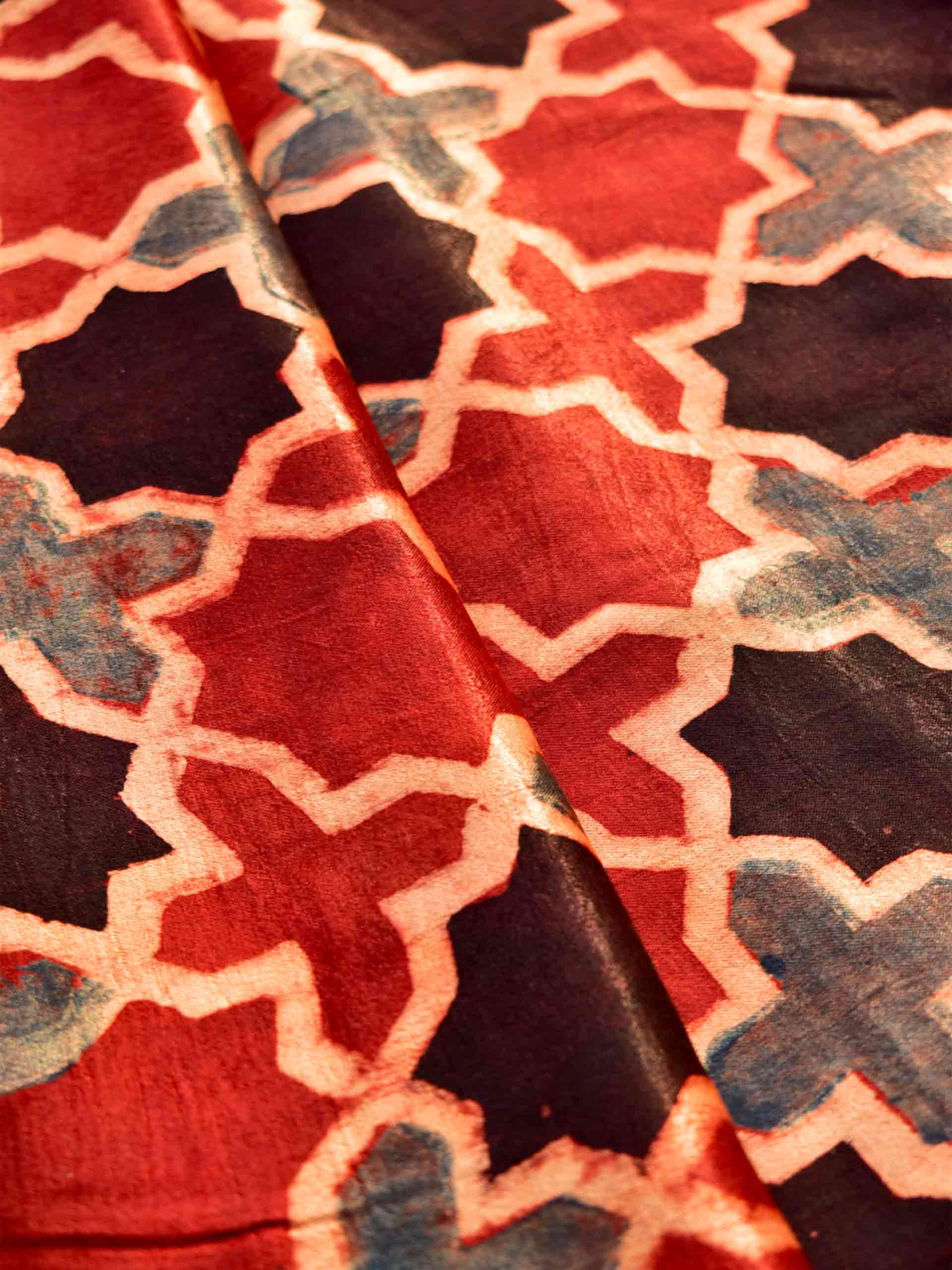 Mughal jaali - Ajrakh Hand block printed Mashru silk fabric 850 per meter