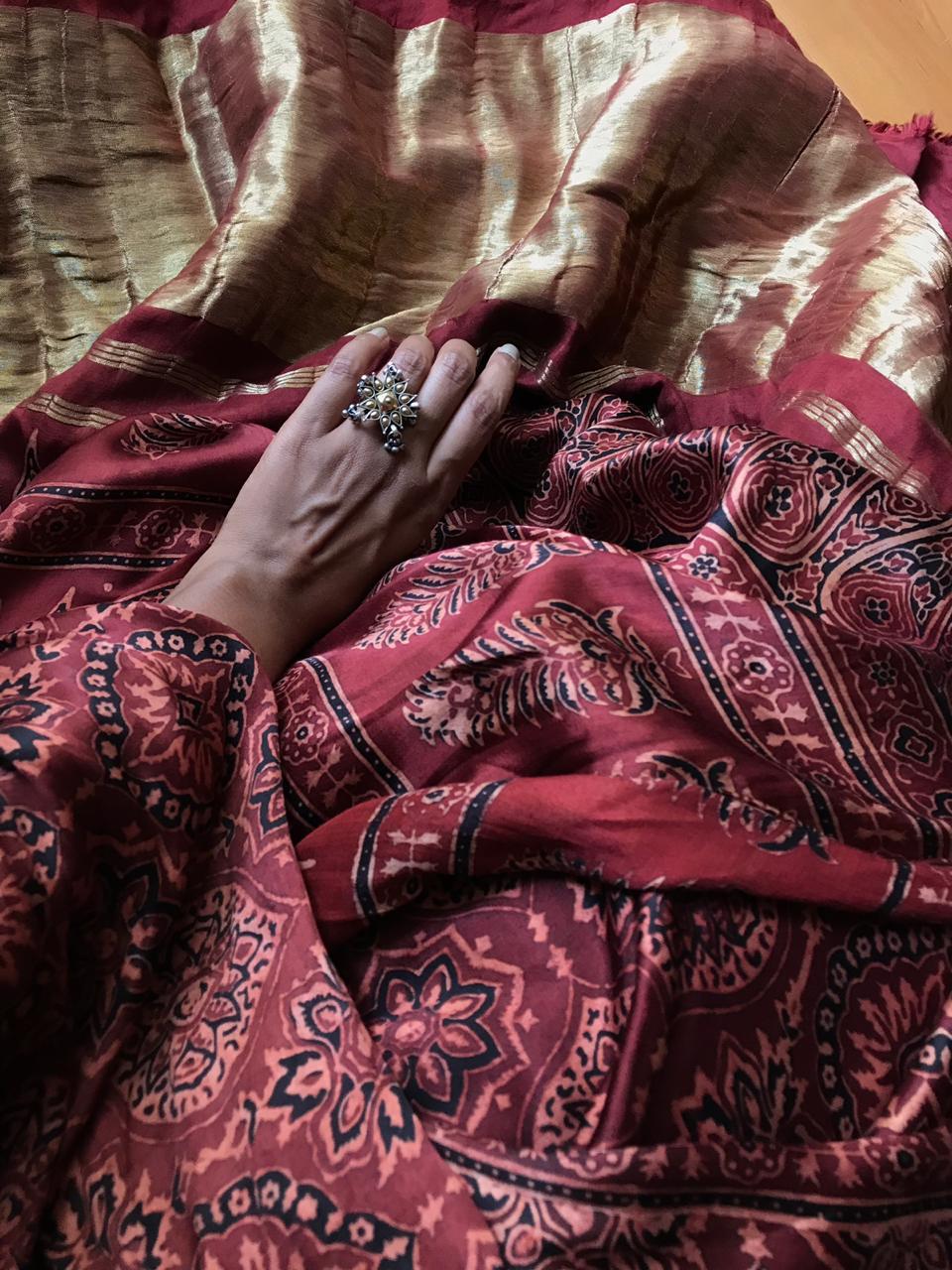 Ajrakh hand block printed modal silk saree