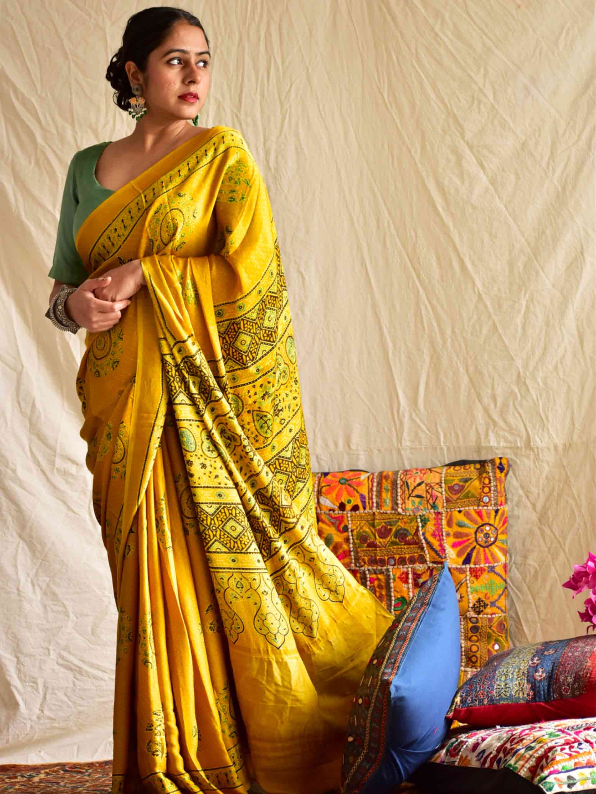 Sunshine yellow - Ajrakh hand block printed Modal Silk Saree with zari pallu