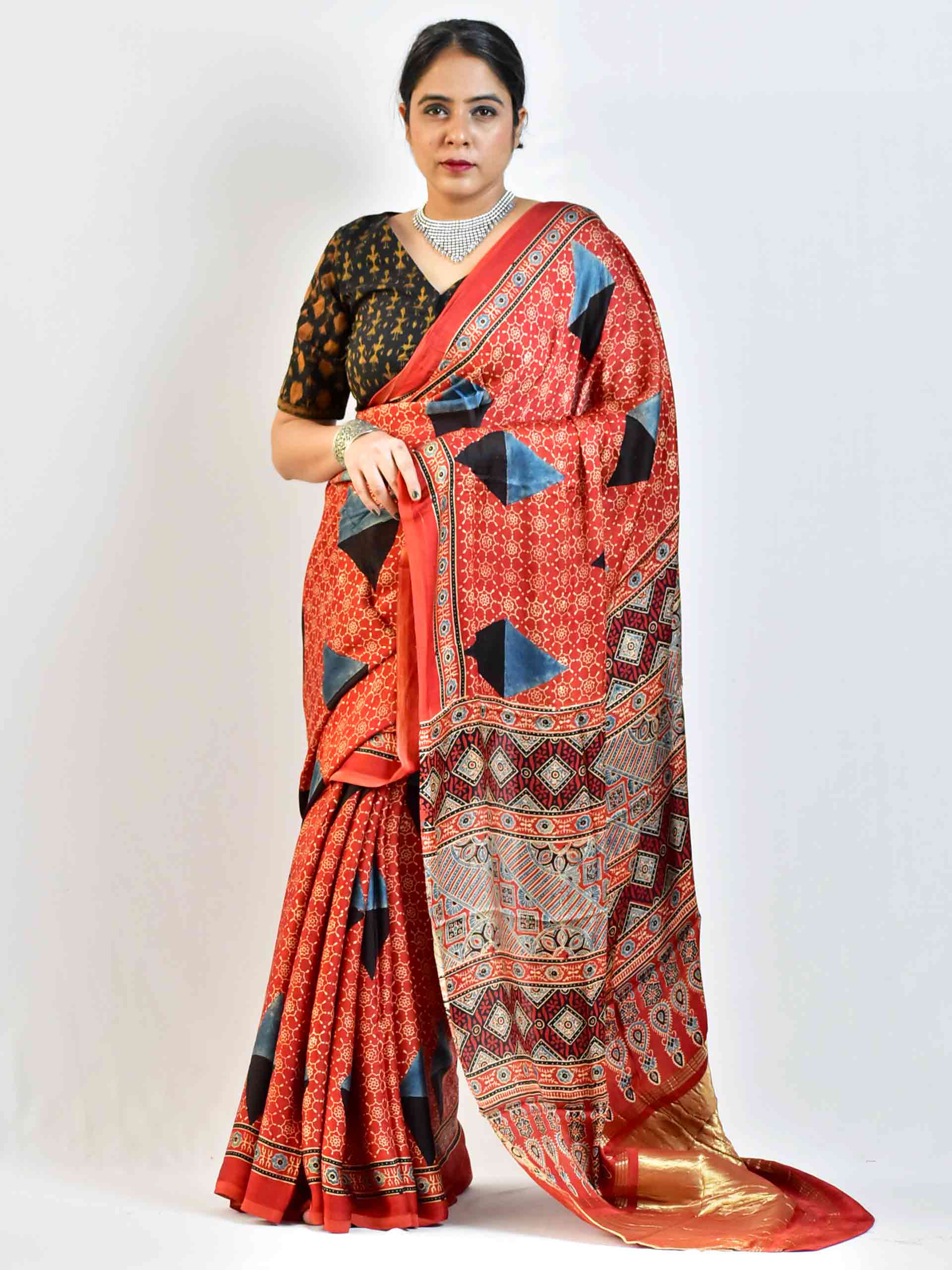 Fuse - Ajrakh hand block printed Modal Silk Saree with zari pallu