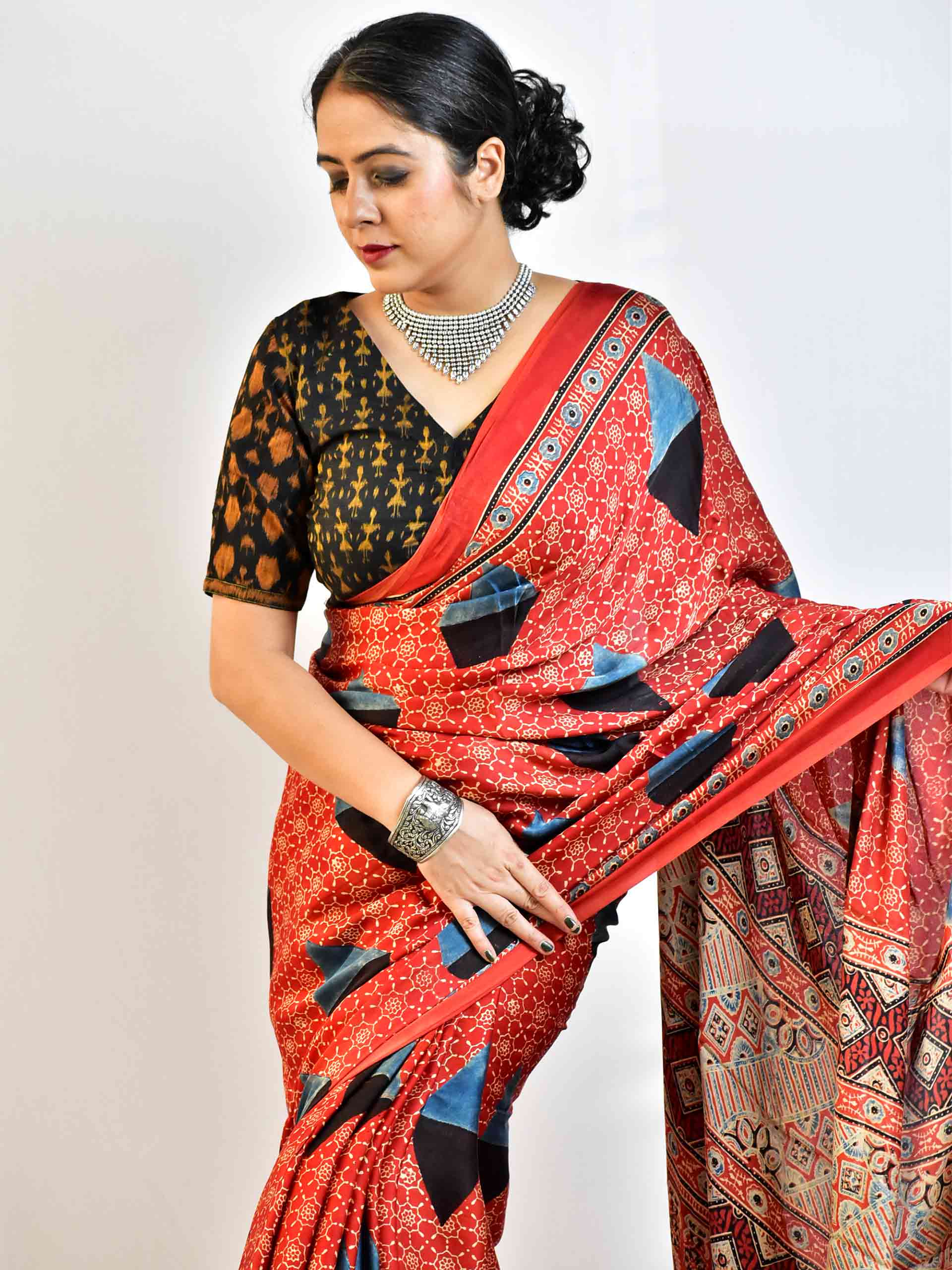 Fuse - Ajrakh hand block printed Modal Silk Saree with zari pallu