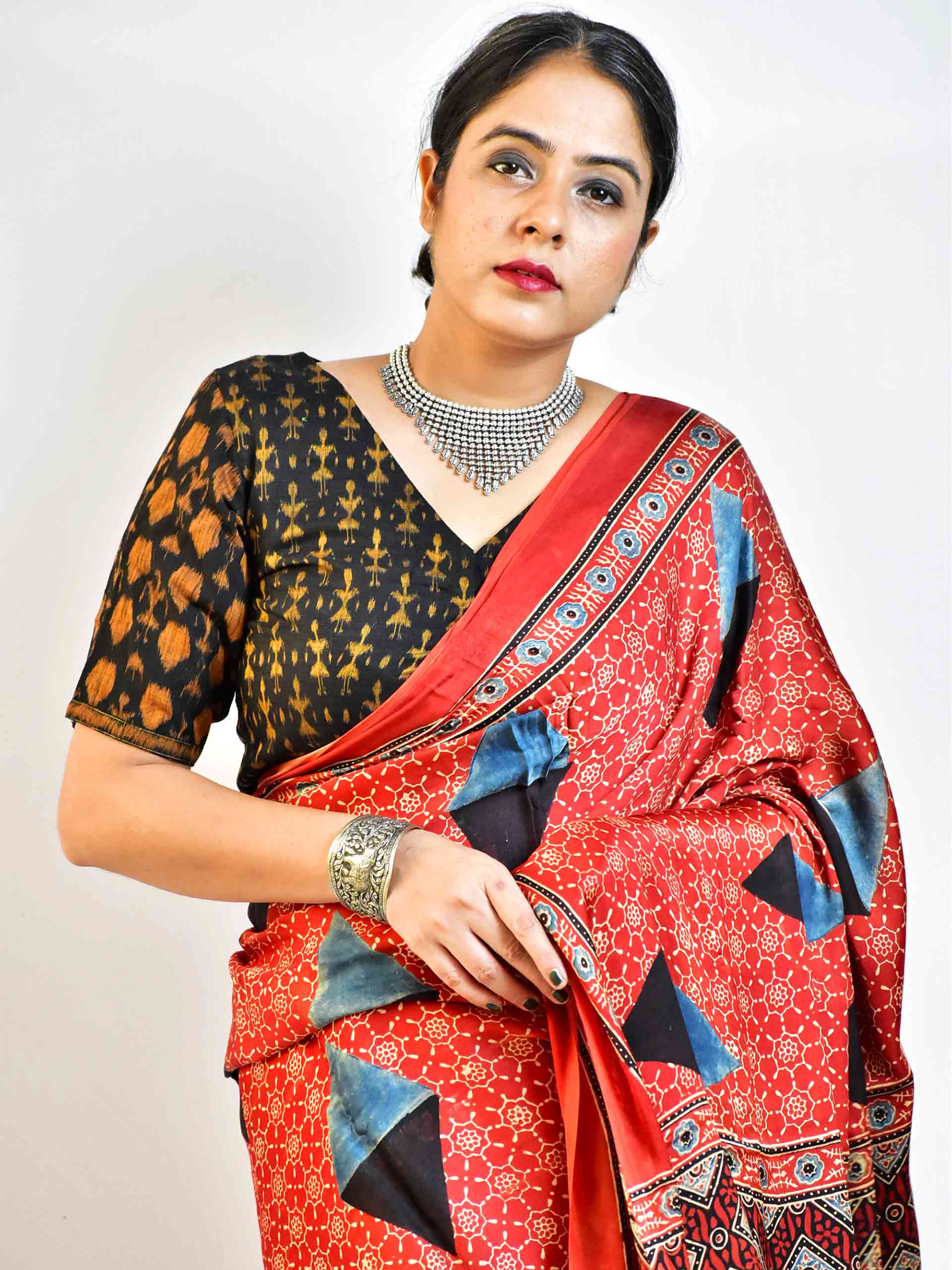 Fuse - Ajrakh hand block printed Modal Silk Saree with zari pallu