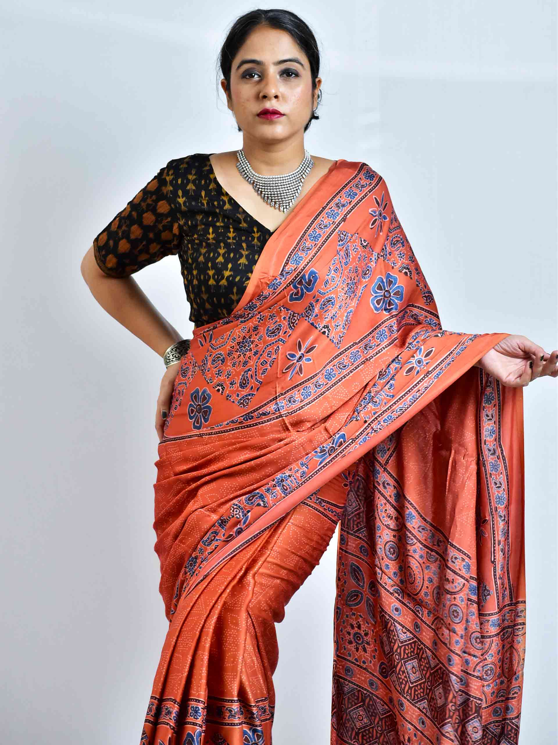 Ajrakh hand block printed Modal Silk Saree