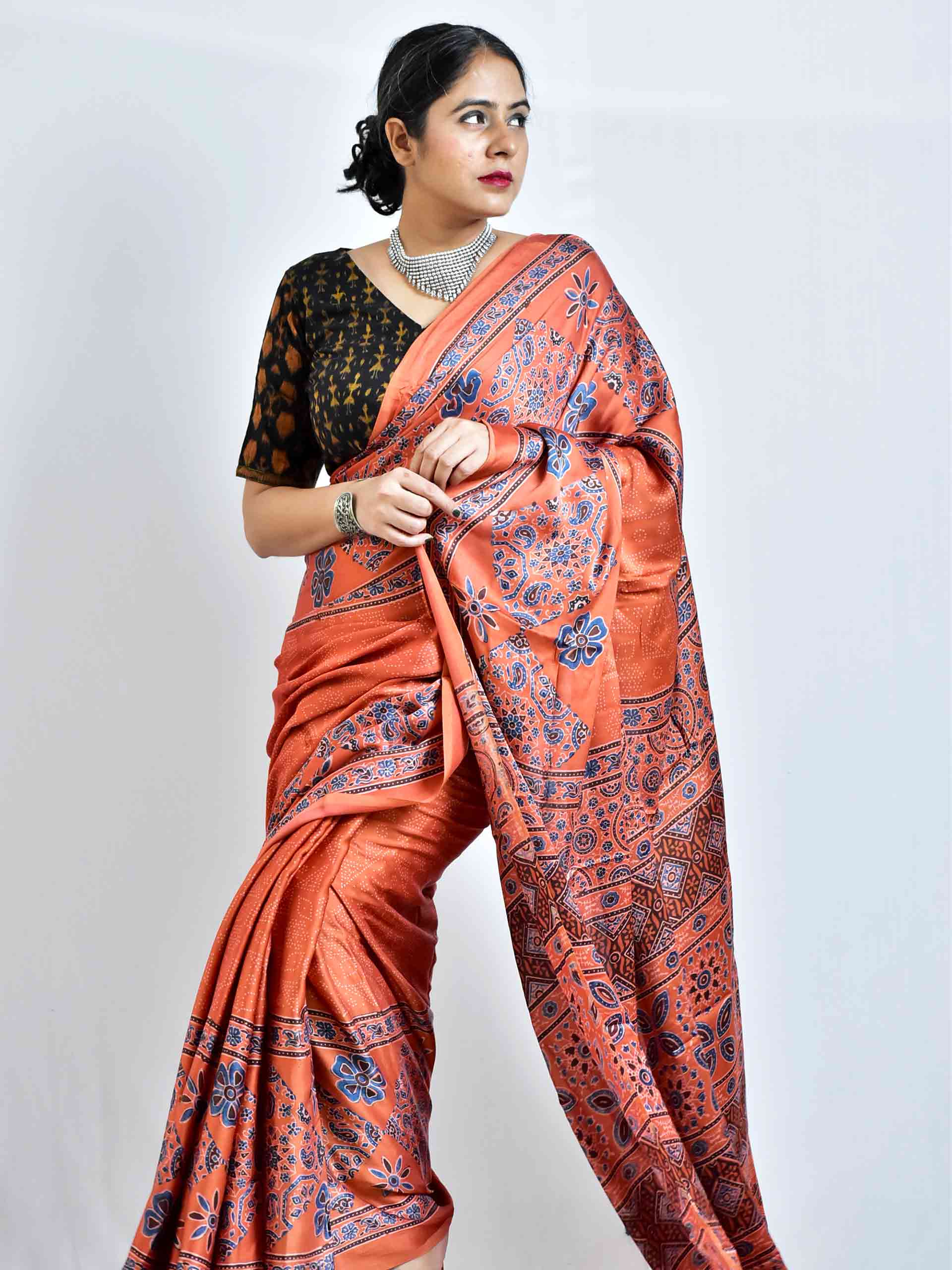 Ajrakh hand block printed Modal Silk Saree