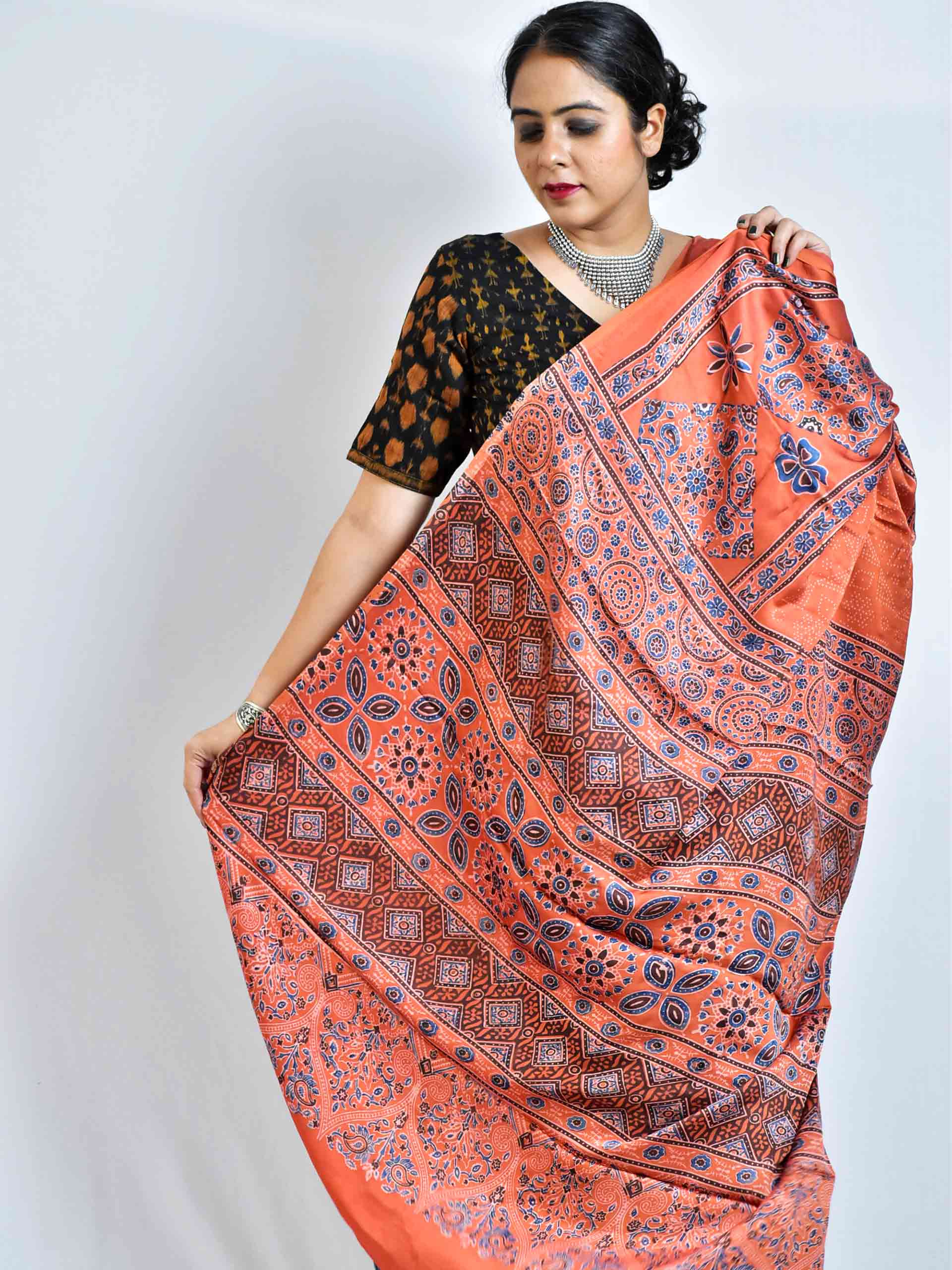 Ajrakh hand block printed Modal Silk Saree