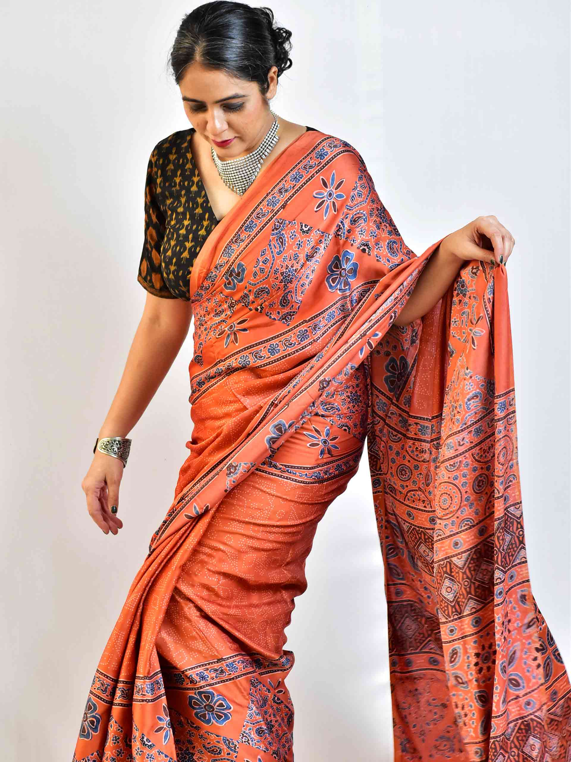 Ajrakh hand block printed Modal Silk Saree