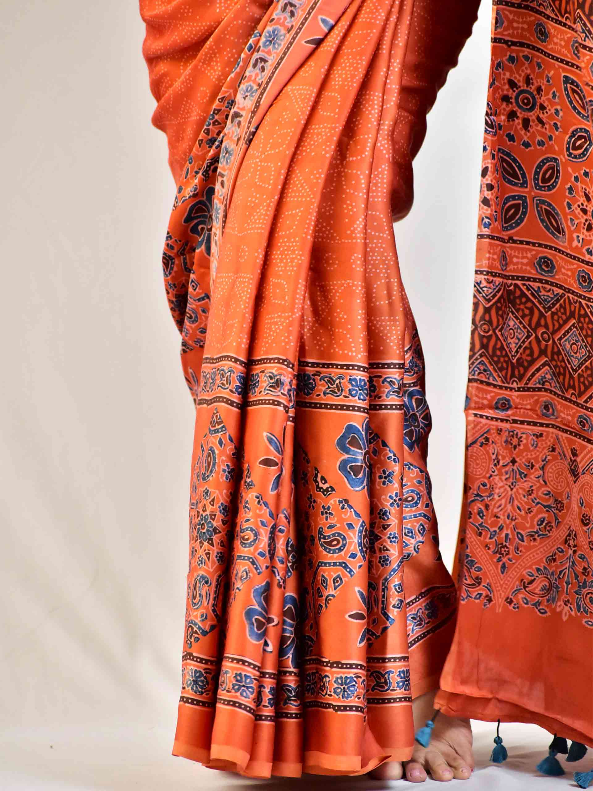 Ajrakh hand block printed Modal Silk Saree