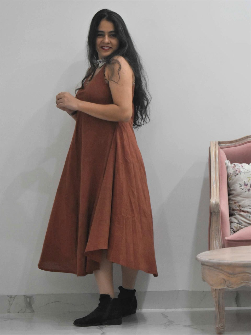 Maroon Organic cotton long dress happy pose