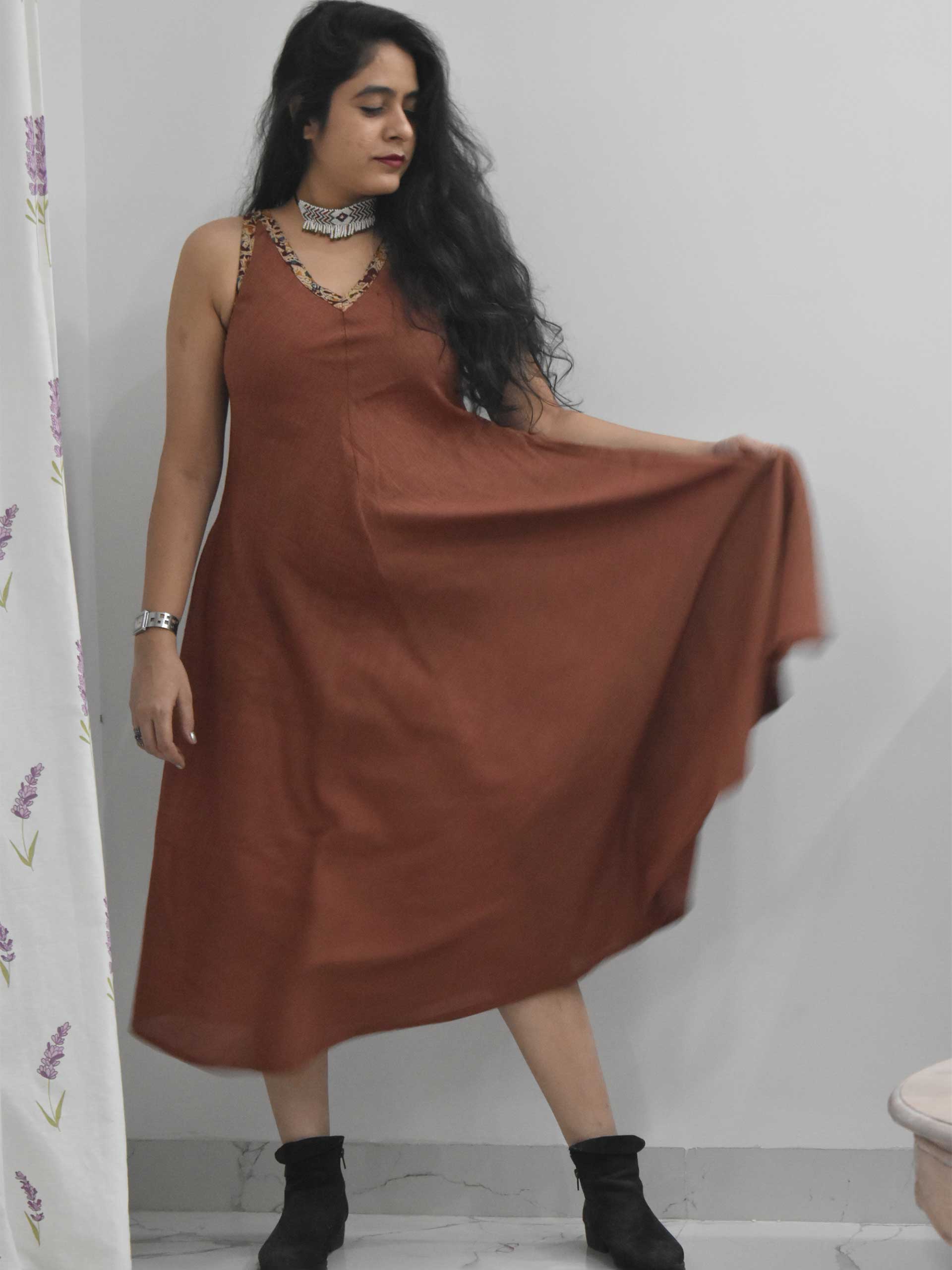 Maroon Organic cotton long dress poses