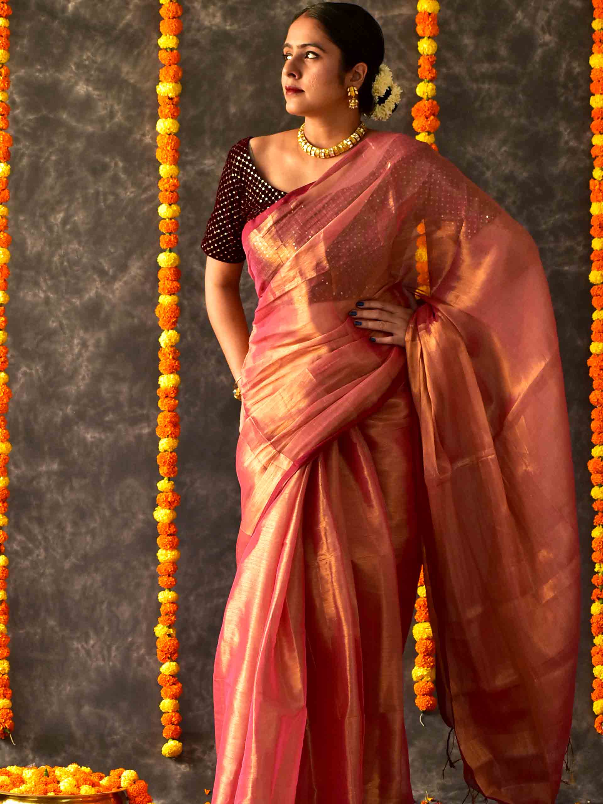 Red Maheshwari tissue silk saree with zari lines on pallu – Roots Handloom