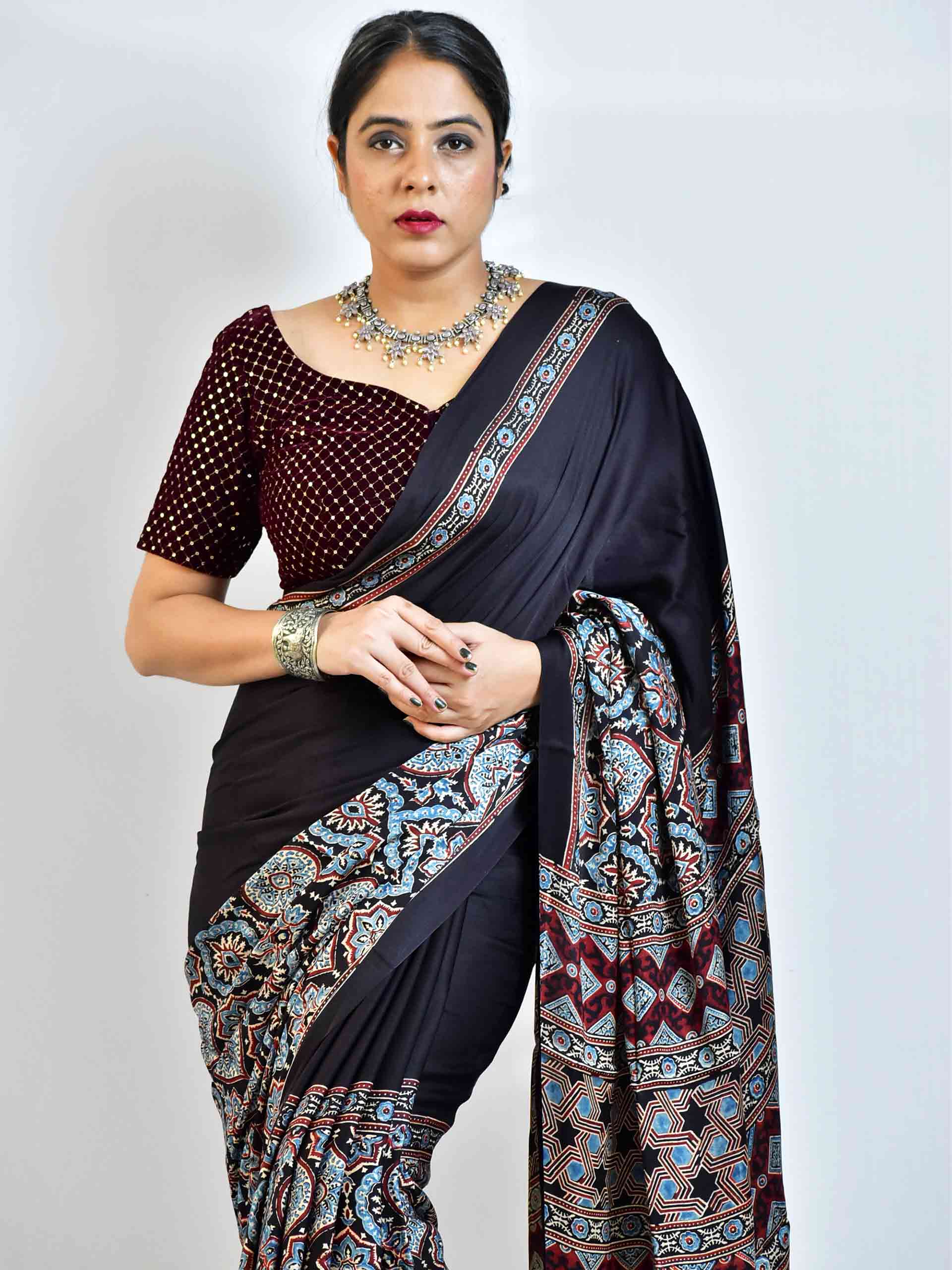 Ajrakh hand block printed Modal Silk Saree with zari pallu