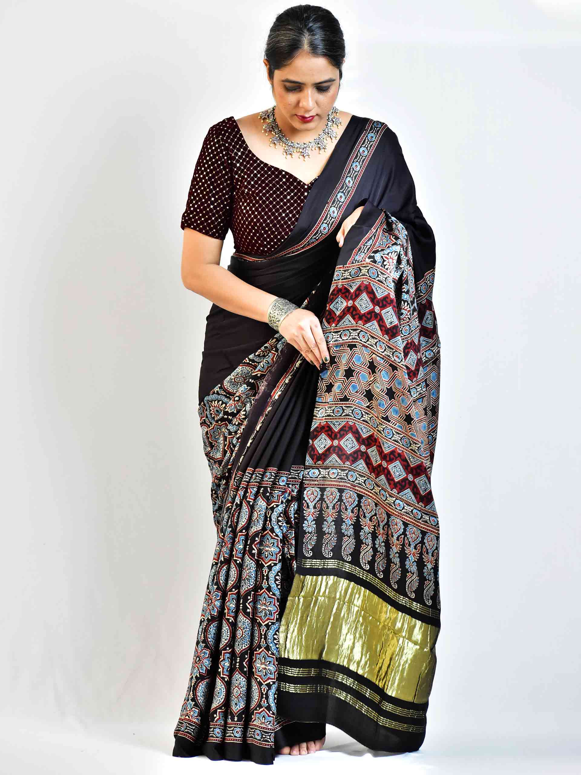 Ajrakh hand block printed Modal Silk Saree with zari pallu