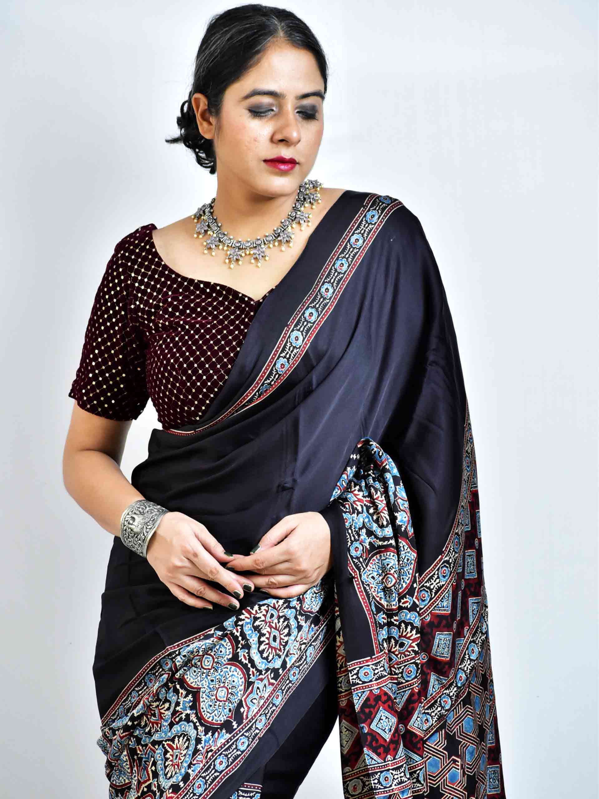 Ajrakh hand block printed Modal Silk Saree with zari pallu