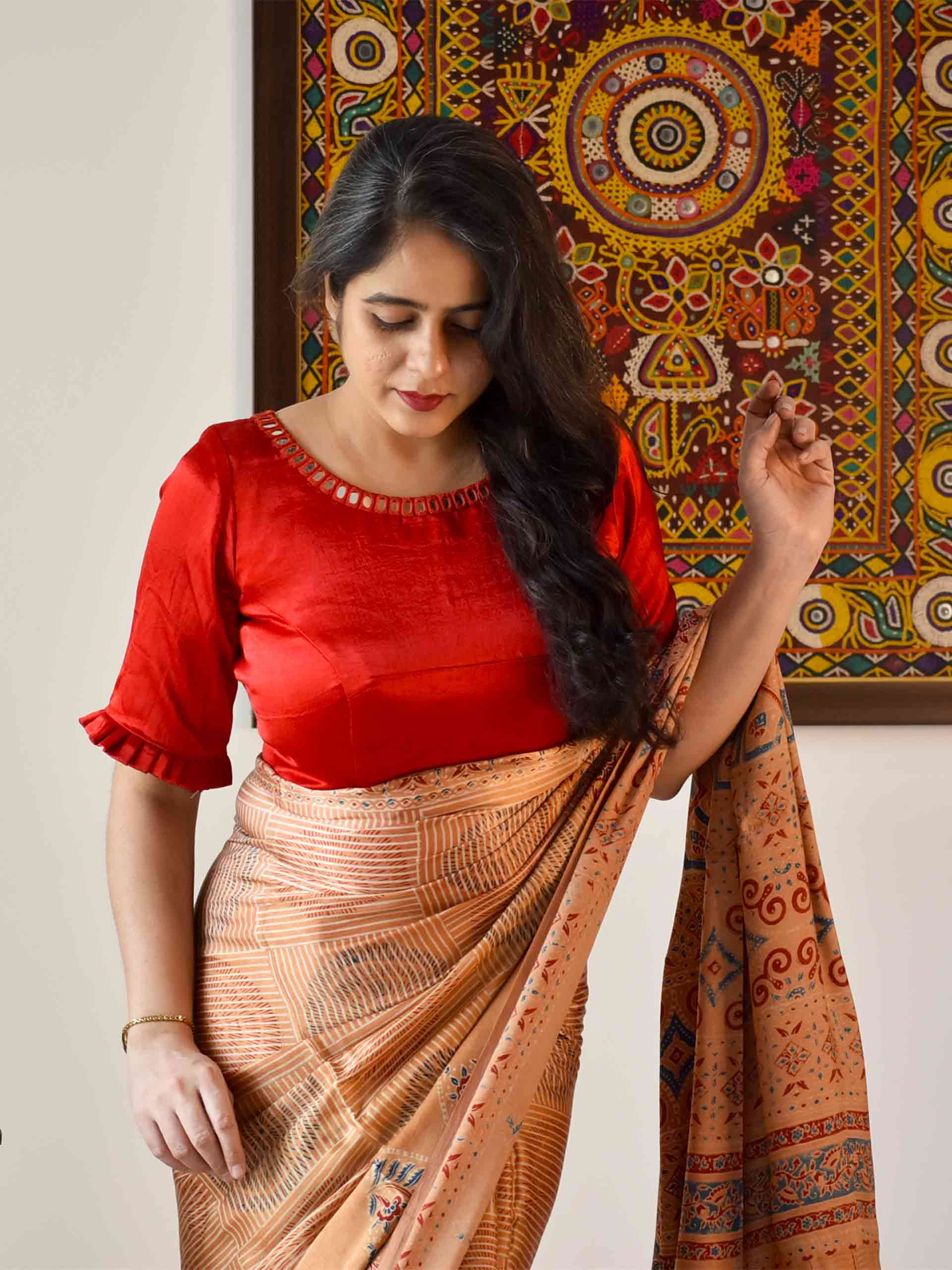 Red Hand Embroidered Mashru Silk Padded Blouse
