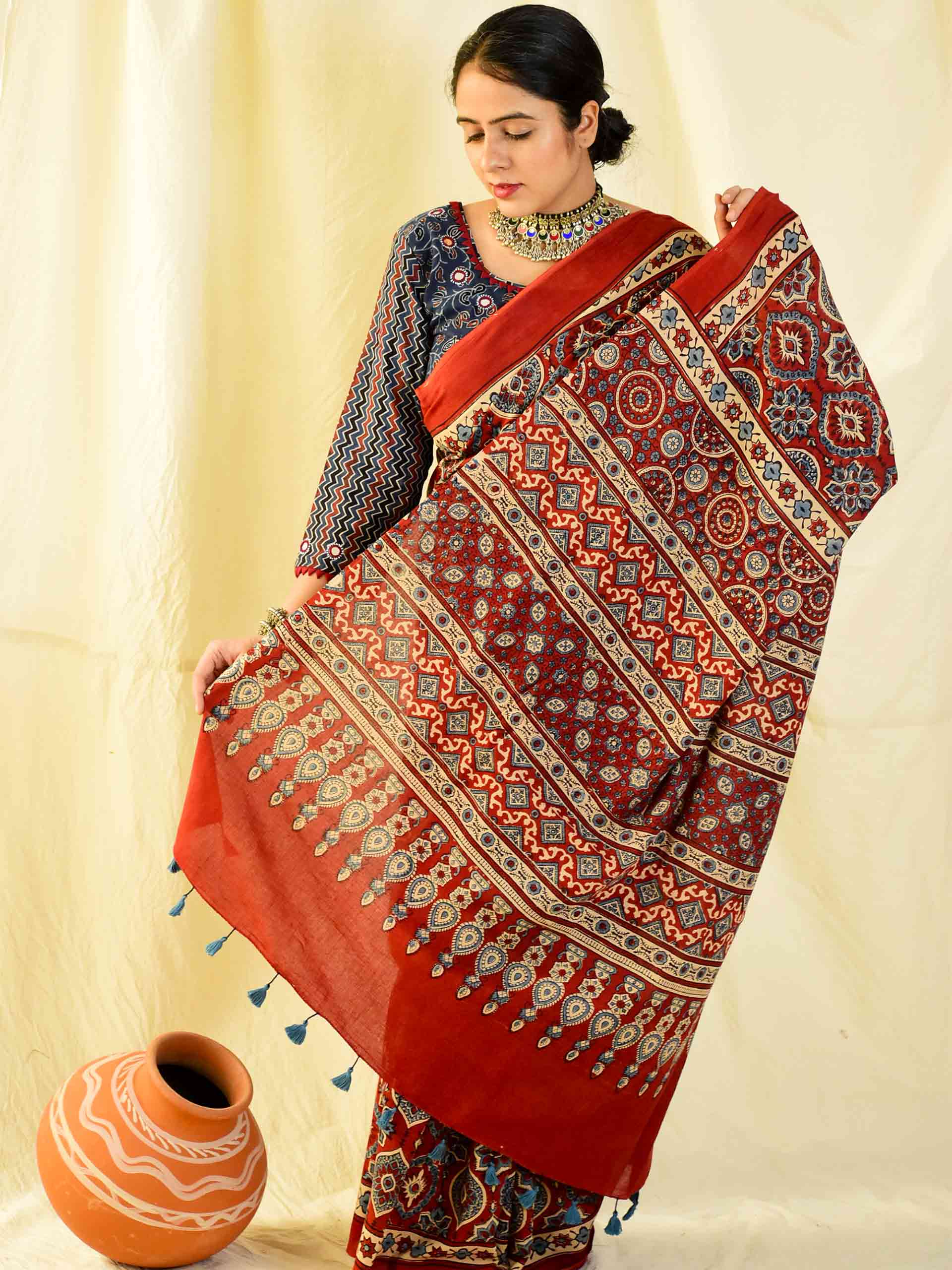 Ajrakh hand block printed mul cotton saree