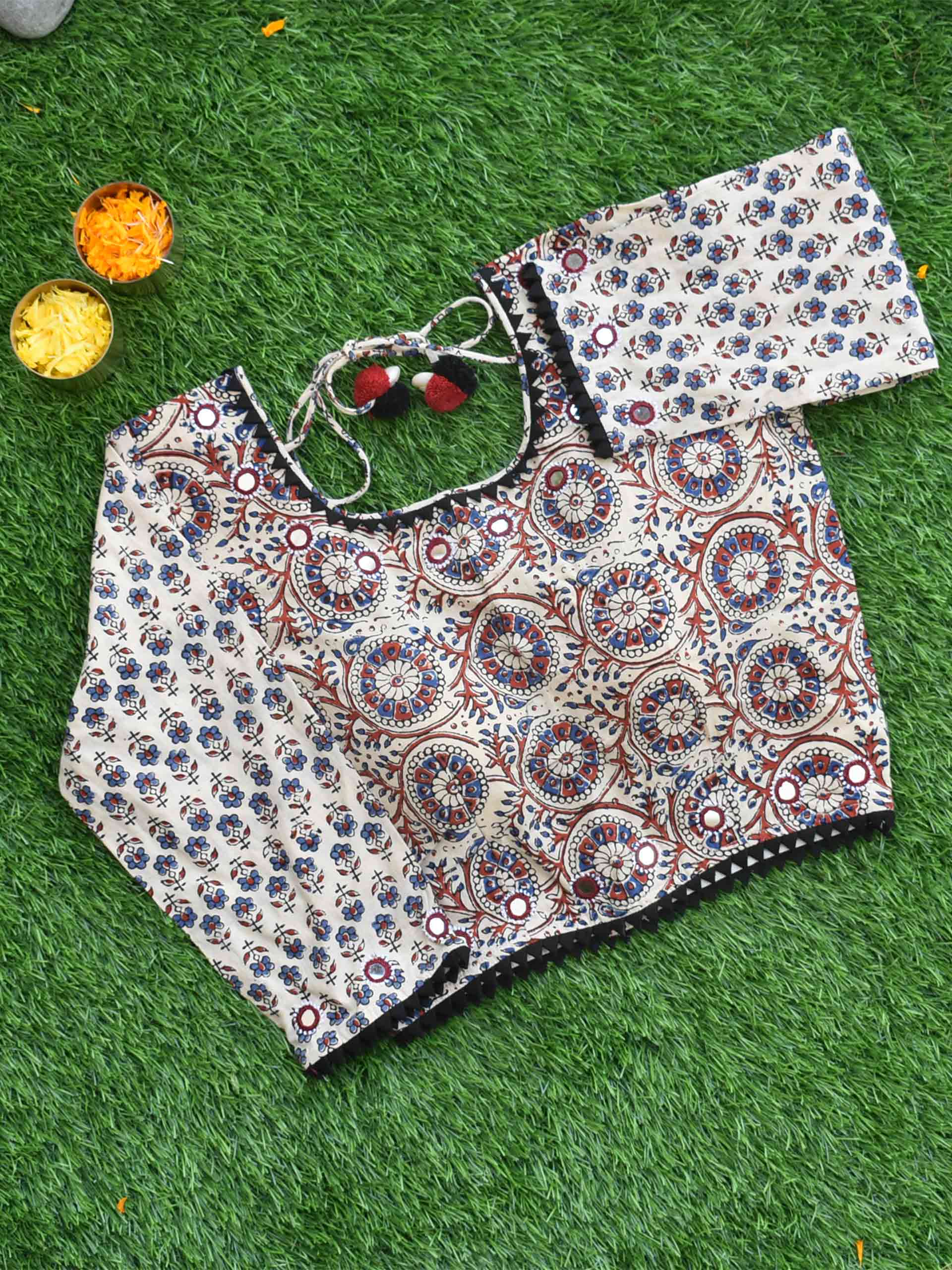 White Geometric Ajrakh hand block printed Kutch mirror work blouse