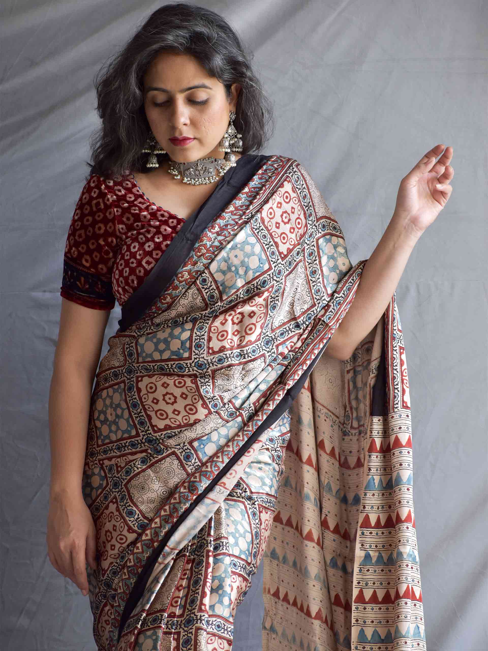 Ajrakh Hand Block Printed Modal Silk Saree