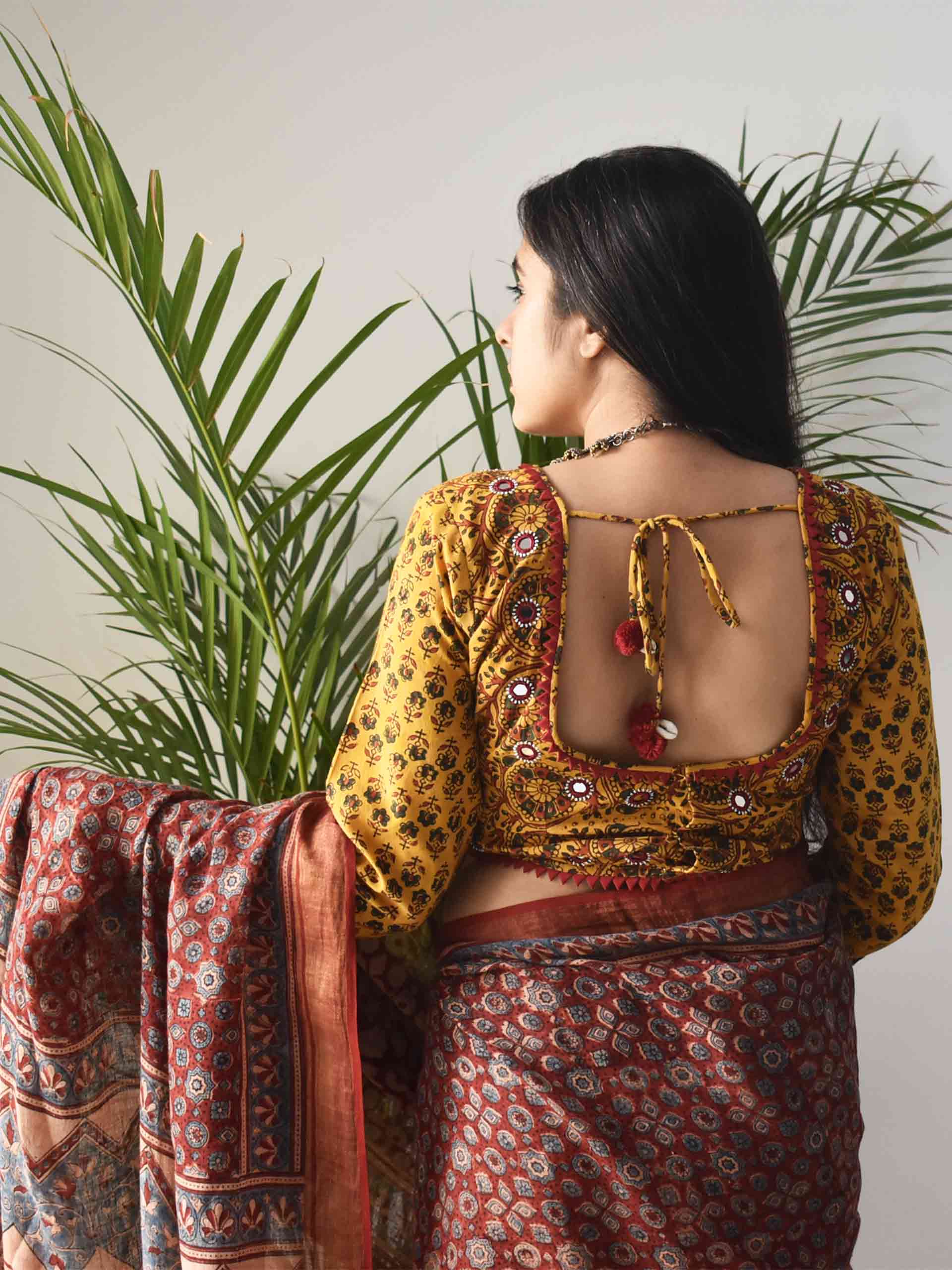 Yellow Ajrakh hand block printed Kutch mirror work designer blouse