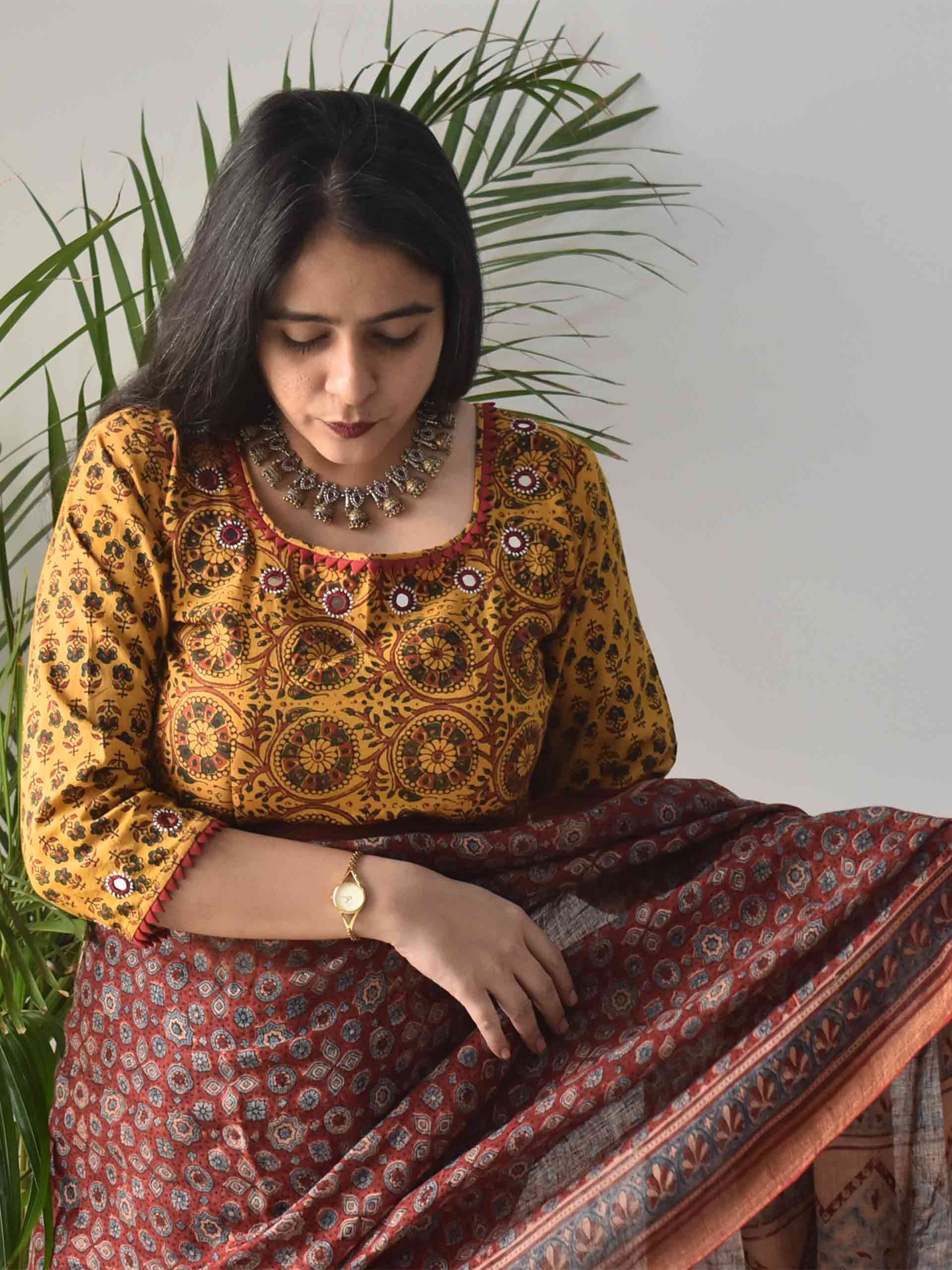 Yellow Ajrakh hand block printed Kutch mirror work blouse