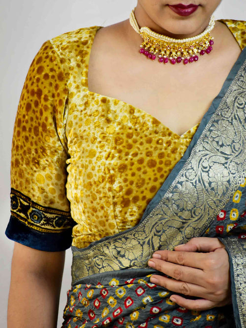 Yellow - Ajrakh Hand Block Printed Velvet Blouse Piece