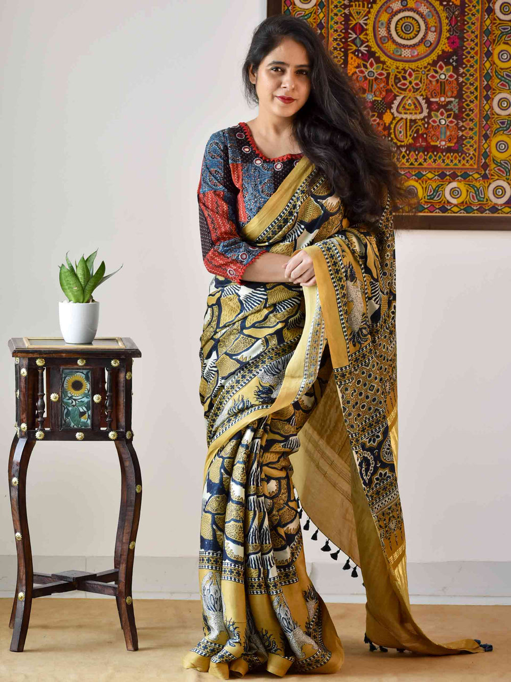 Saanjhi Mustard Ajrakh Saree