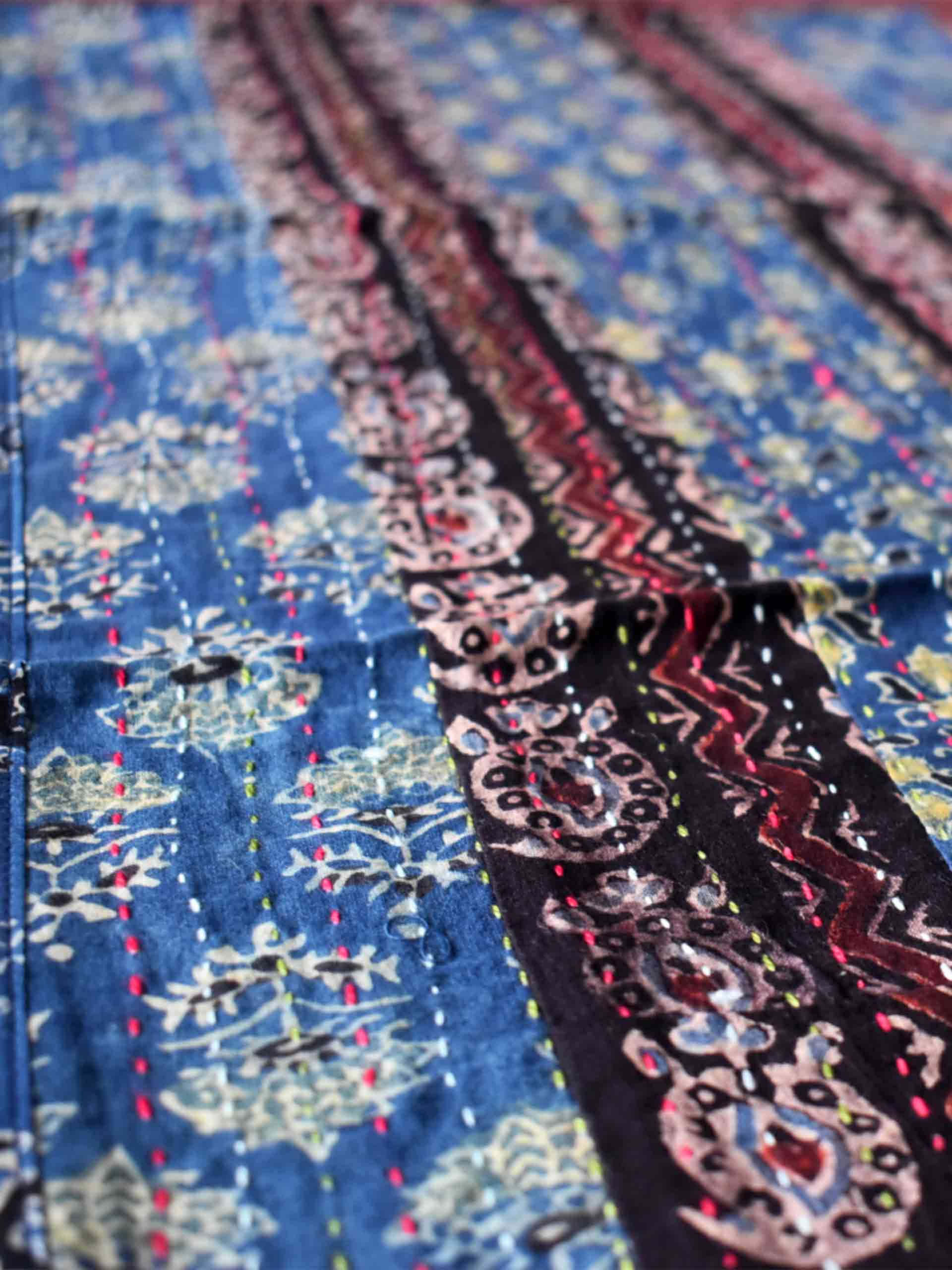 Olives - Ajrakh patchwork with kantha Table Runner 13x74