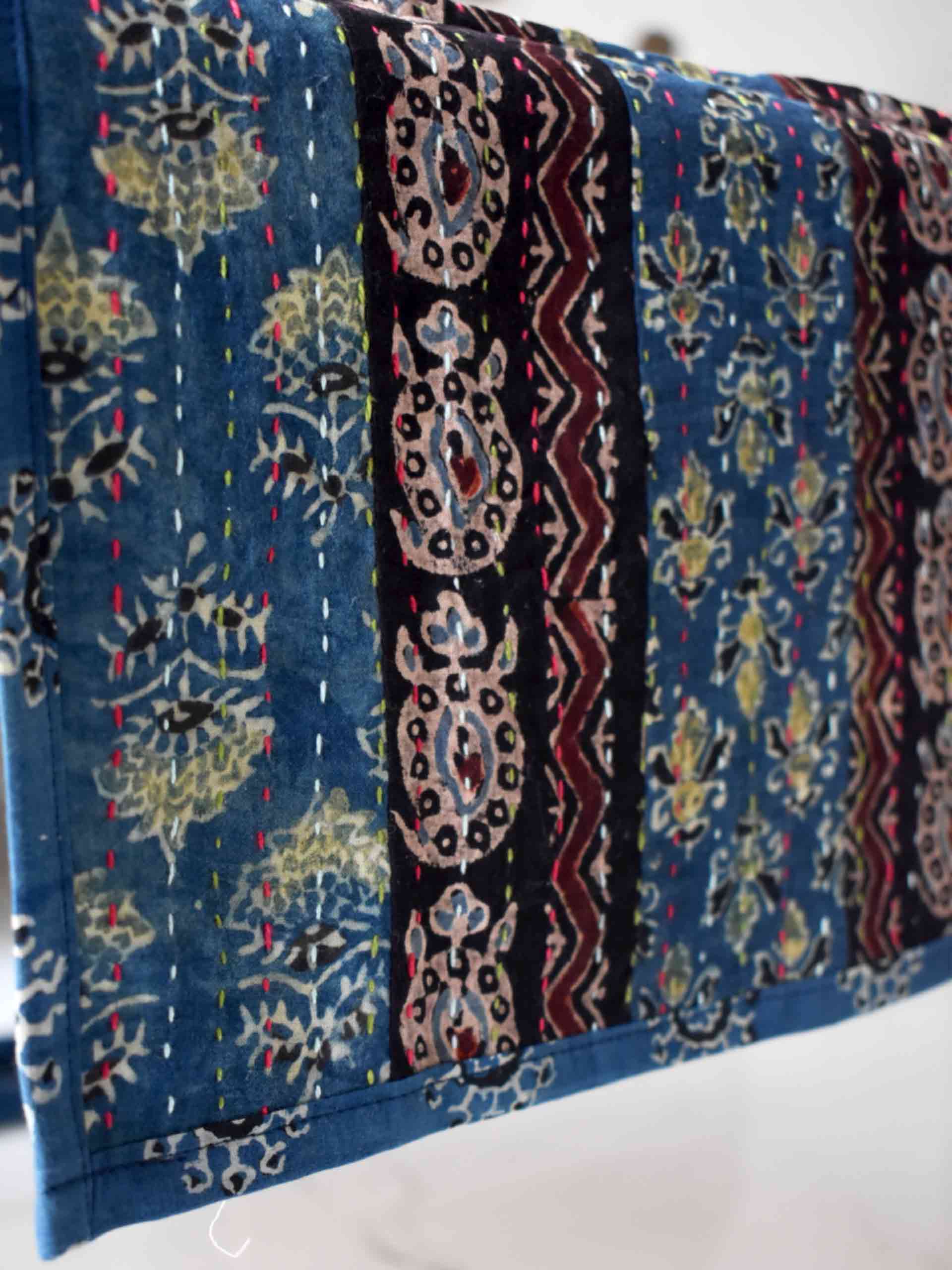 Olives - Ajrakh patchwork with kantha Table Runner 13x74