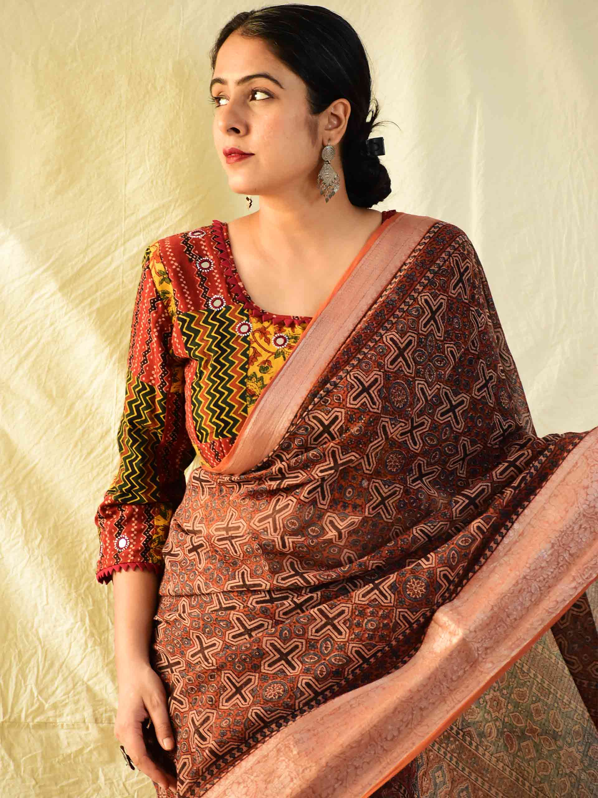 Ajrakh handloom Kota Doria saree with zari border