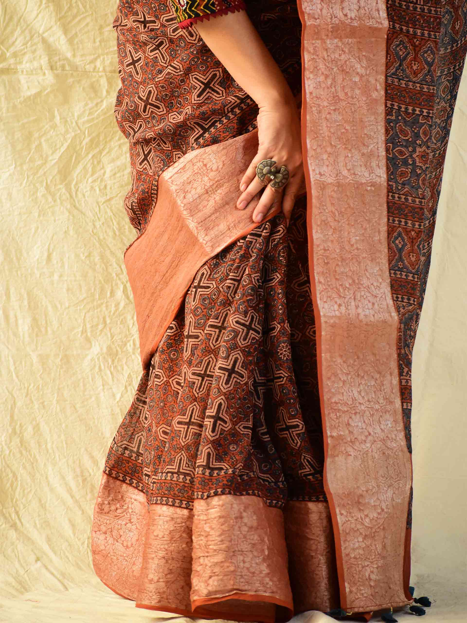 Ajrakh handloom Kota Doria saree with zari border