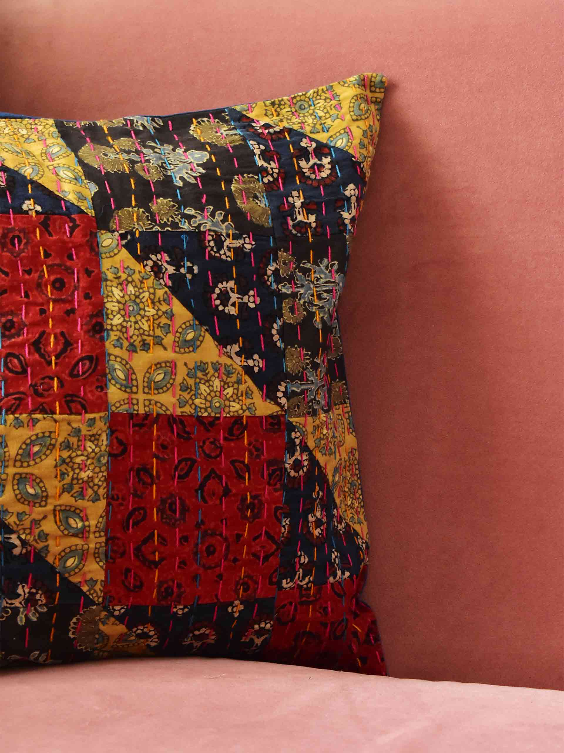 Shaan - Ajrakh patchwork kantha cushion cover 16X16