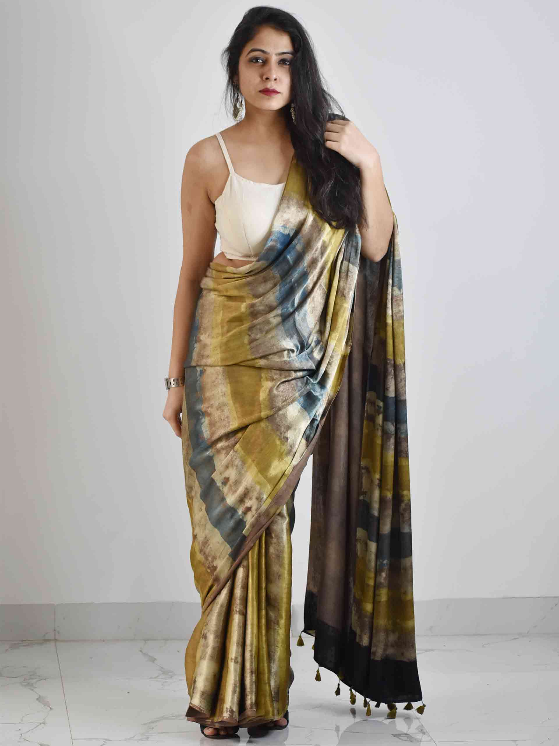 Brown Yellow Blue Ajrakh Mashru Silk Saree draping