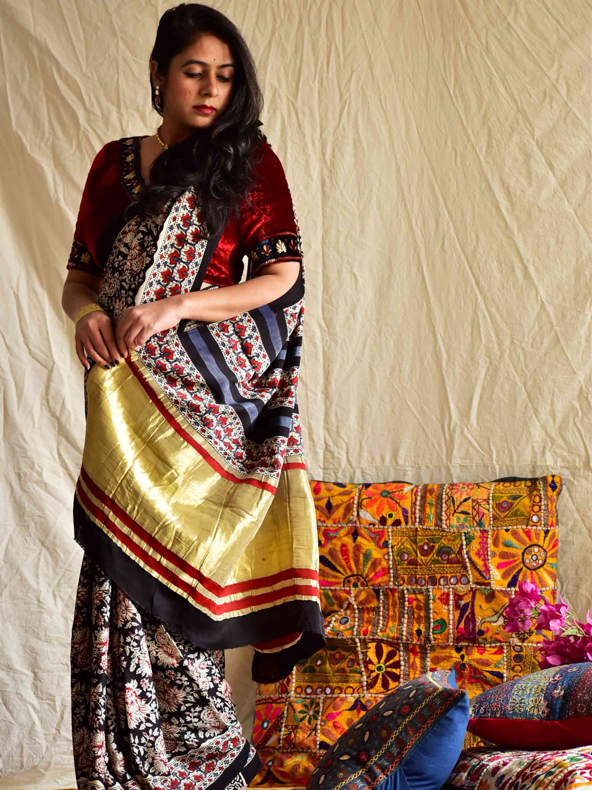 kiran - hand block printed Modal Silk Saree wih zari pallu