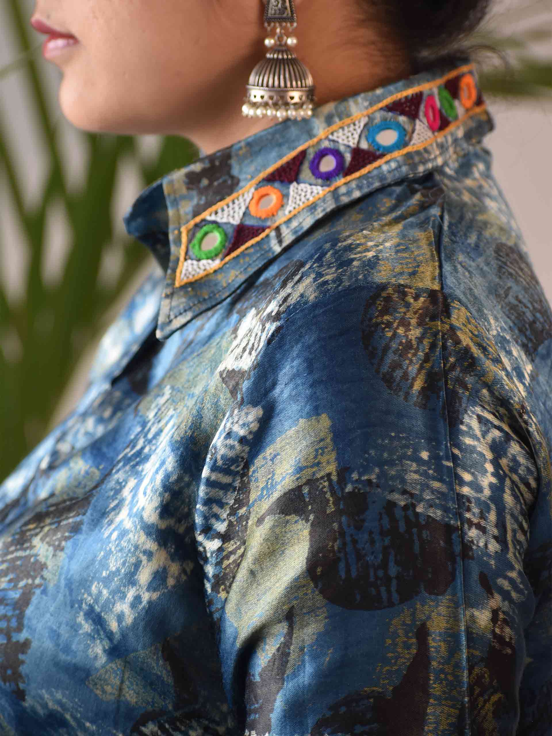 Blue Ajrakh Mashru silk crop top designer blouse mirror work embroidery