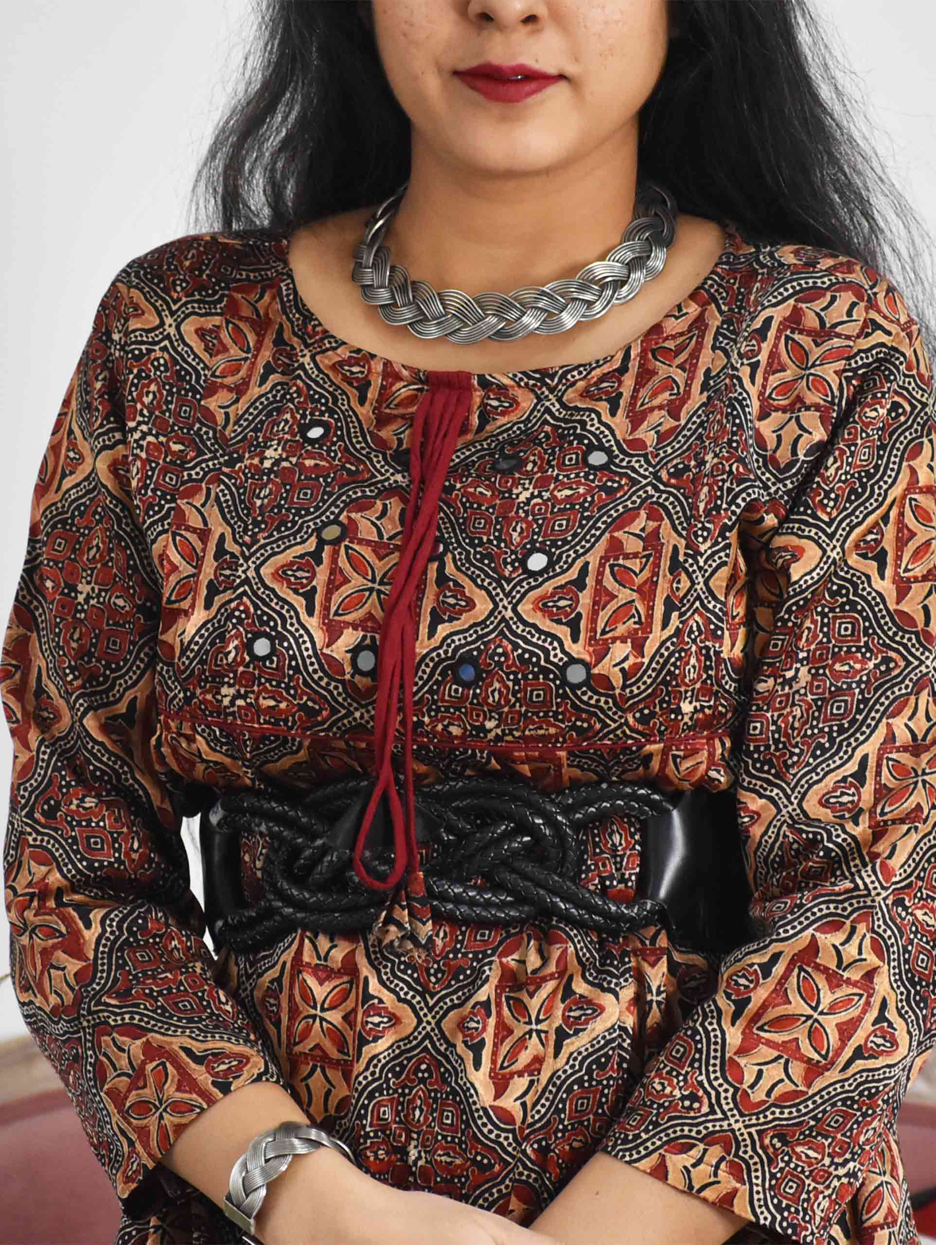 Brown Maroon Ajrakh Mashru Silk Kurti