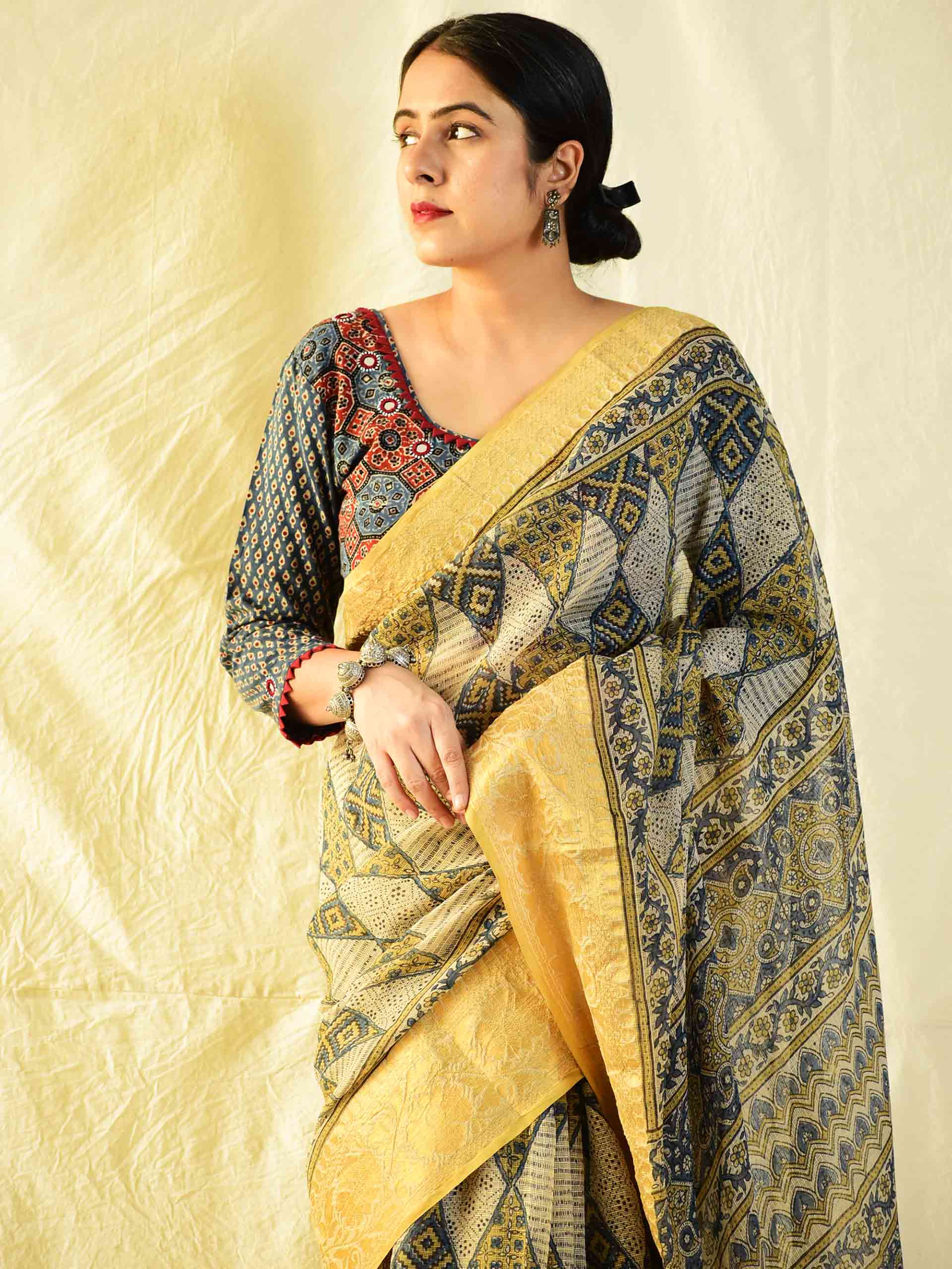 Ajrakh handloom Kota Doria saree with zari border