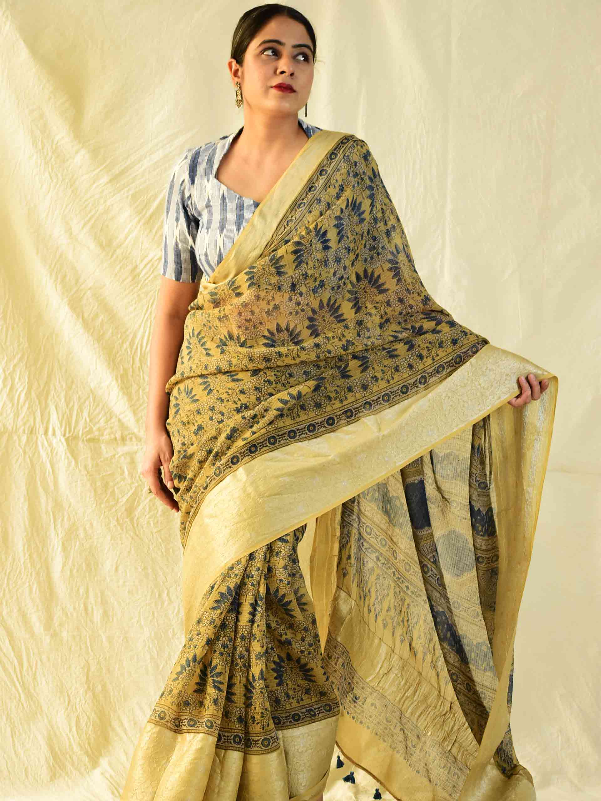 Ajrakh handloom Kota Doria saree with zari border