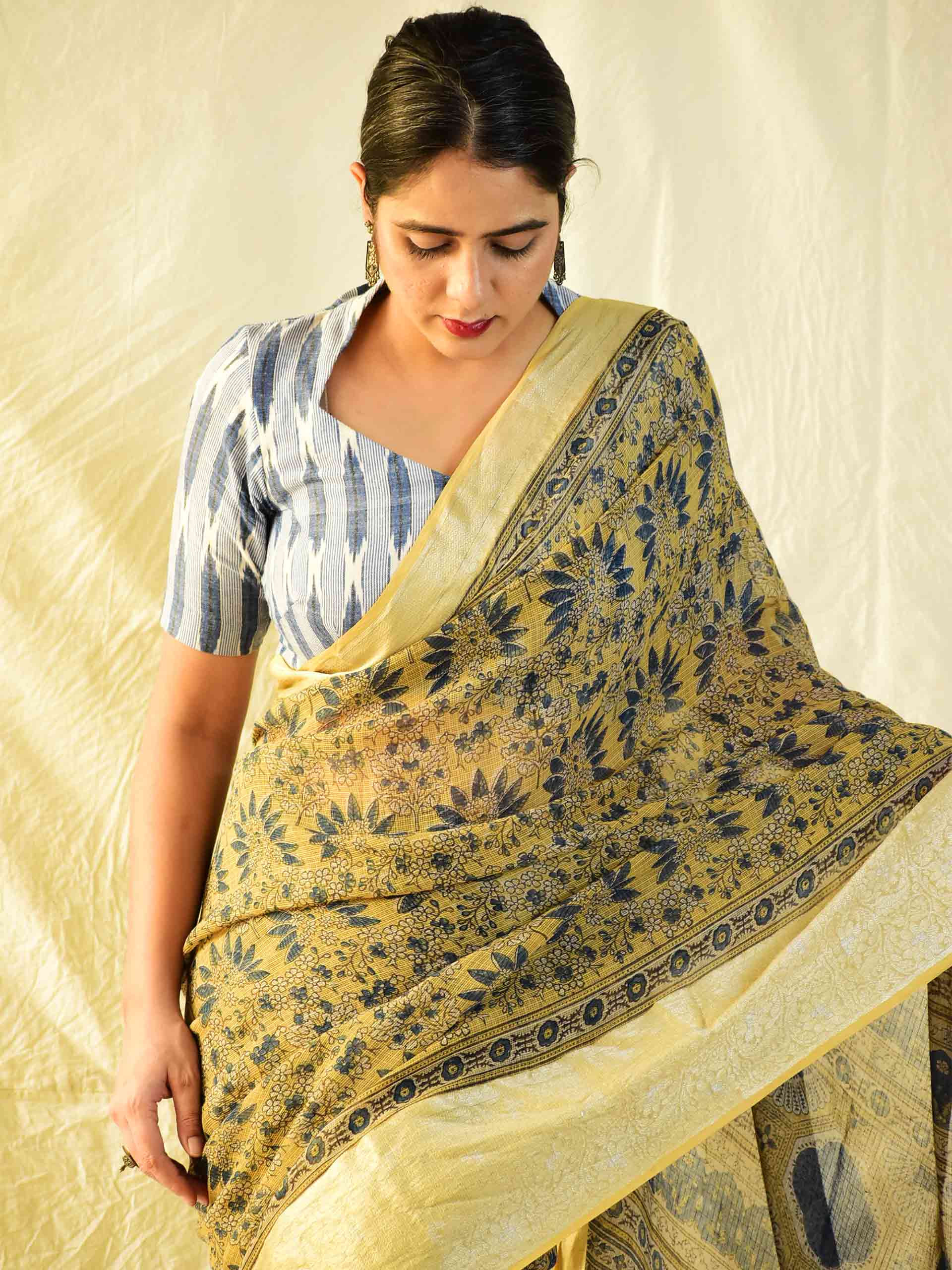 Ajrakh handloom Kota Doria saree with zari border