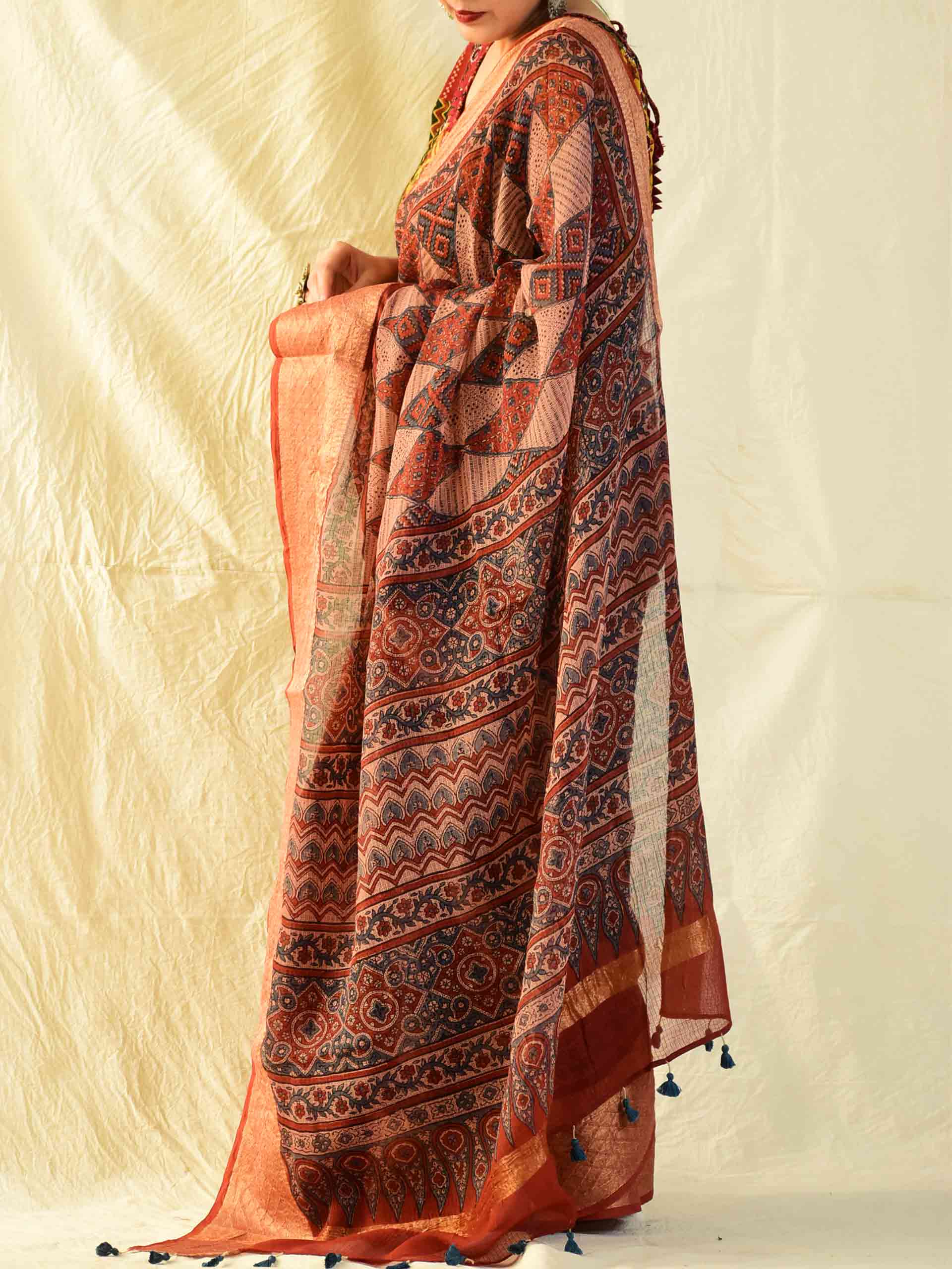 Ajrakh handloom Kota Doria saree with zari border