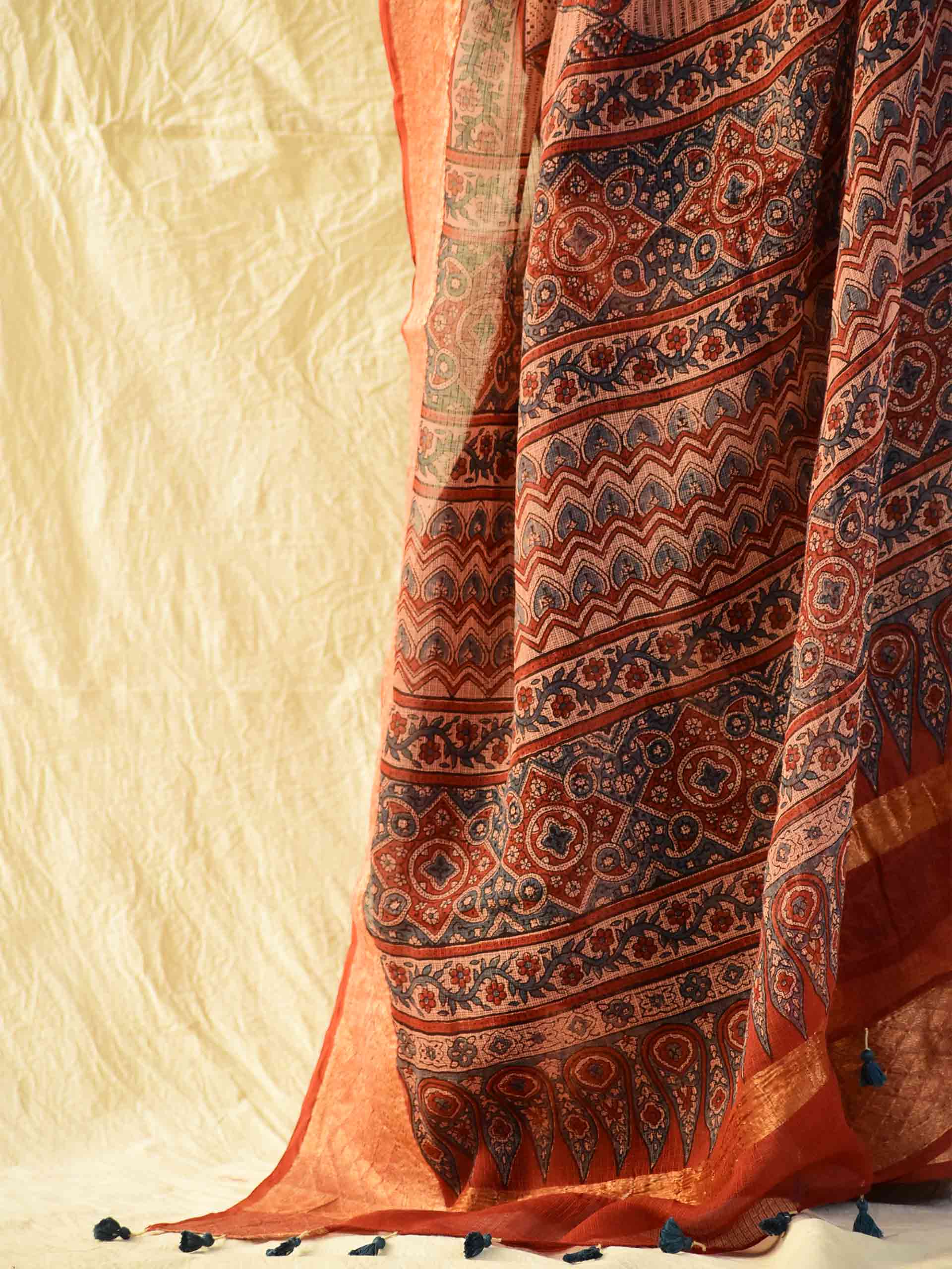 Ajrakh handloom Kota Doria saree with zari border