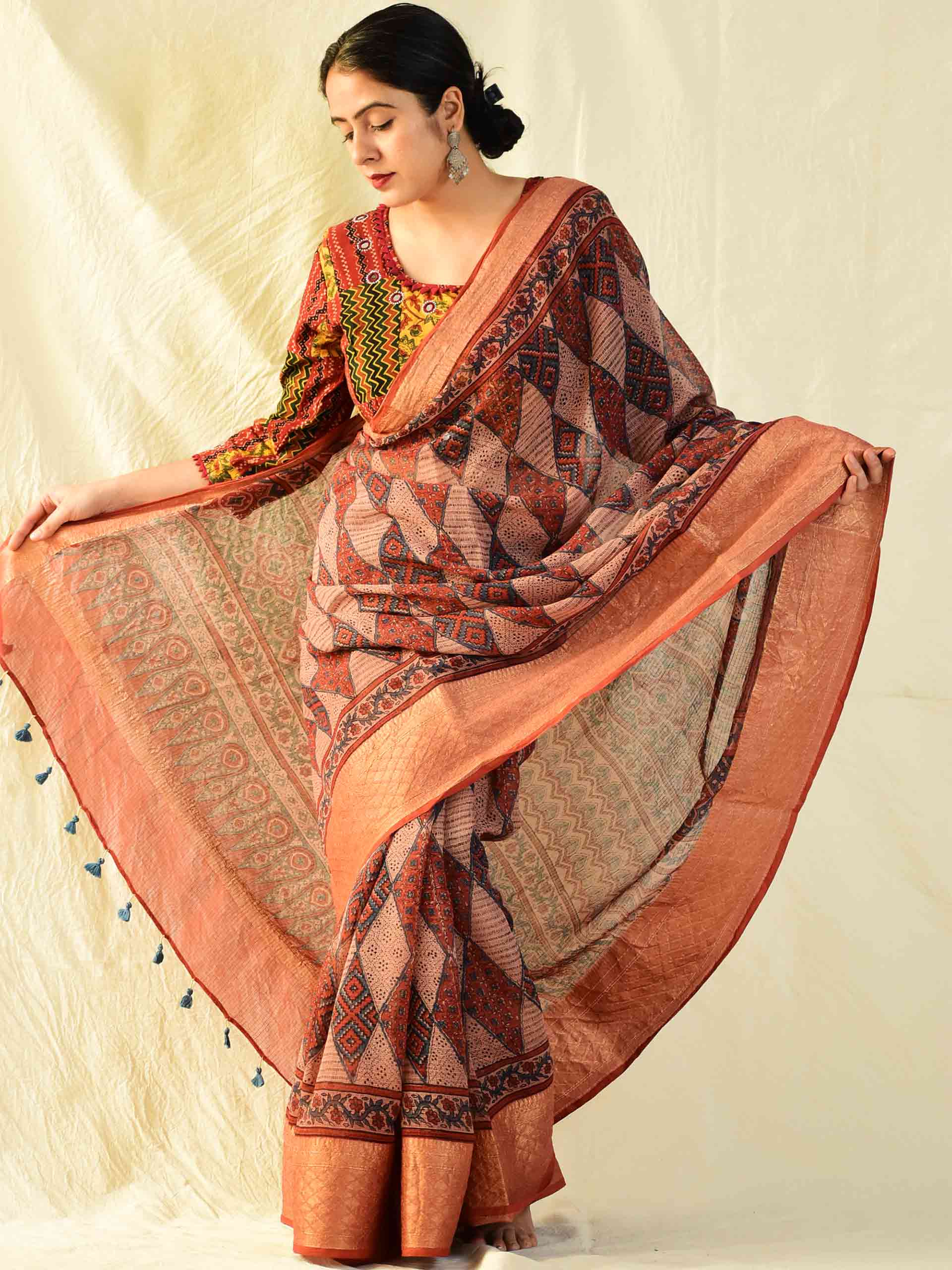 Ajrakh handloom Kota Doria saree with zari border