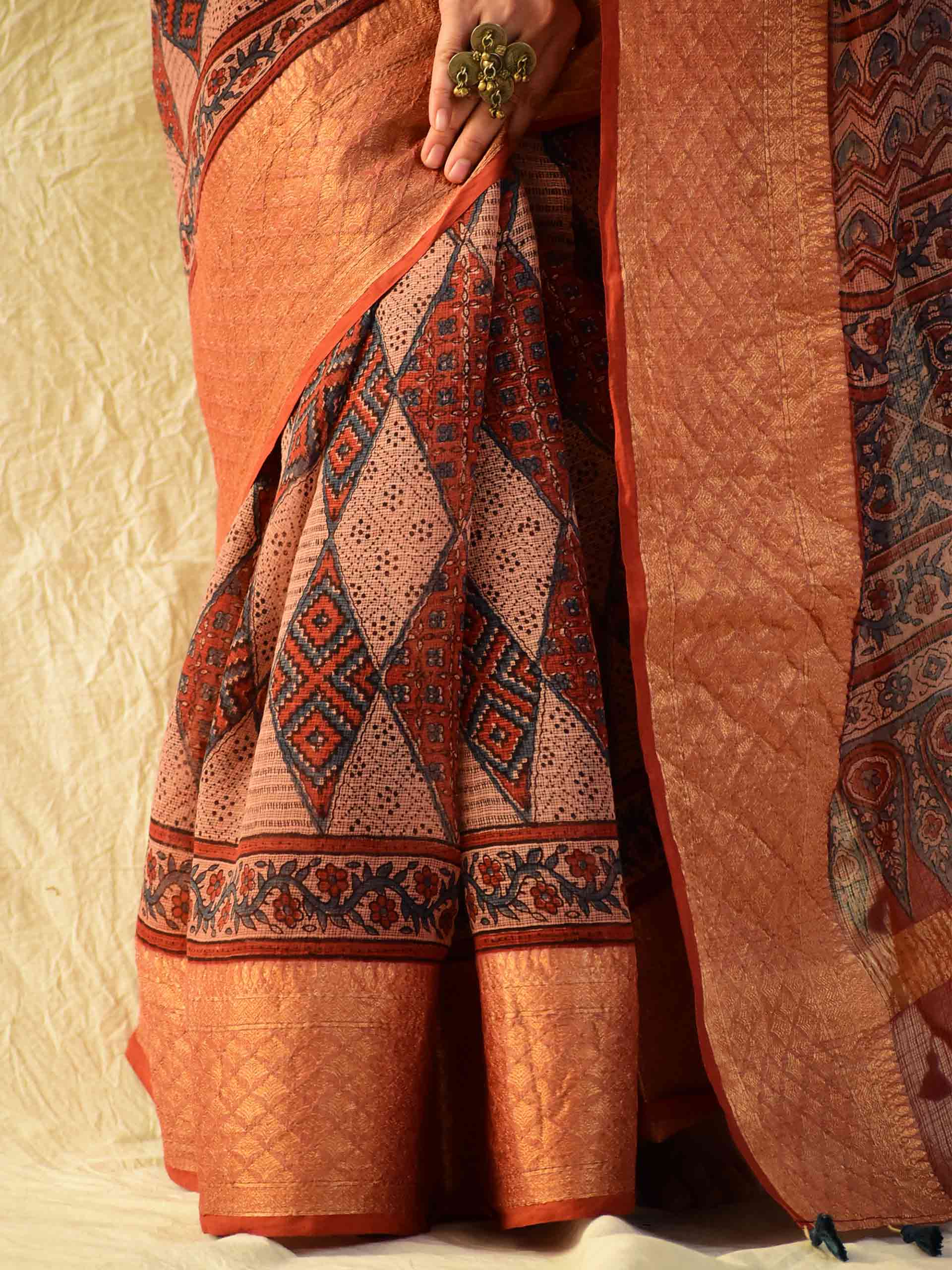 Ajrakh handloom Kota Doria saree with zari border