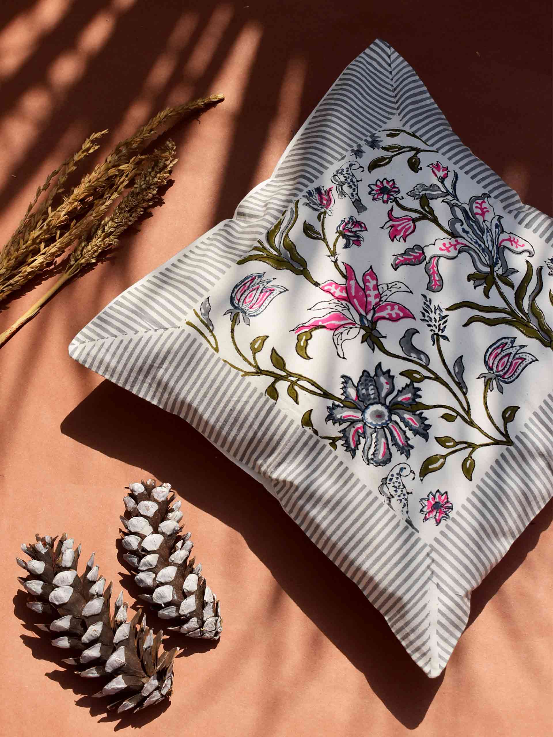 Coastal - Hand block printed cotton cushion cover 16X16
