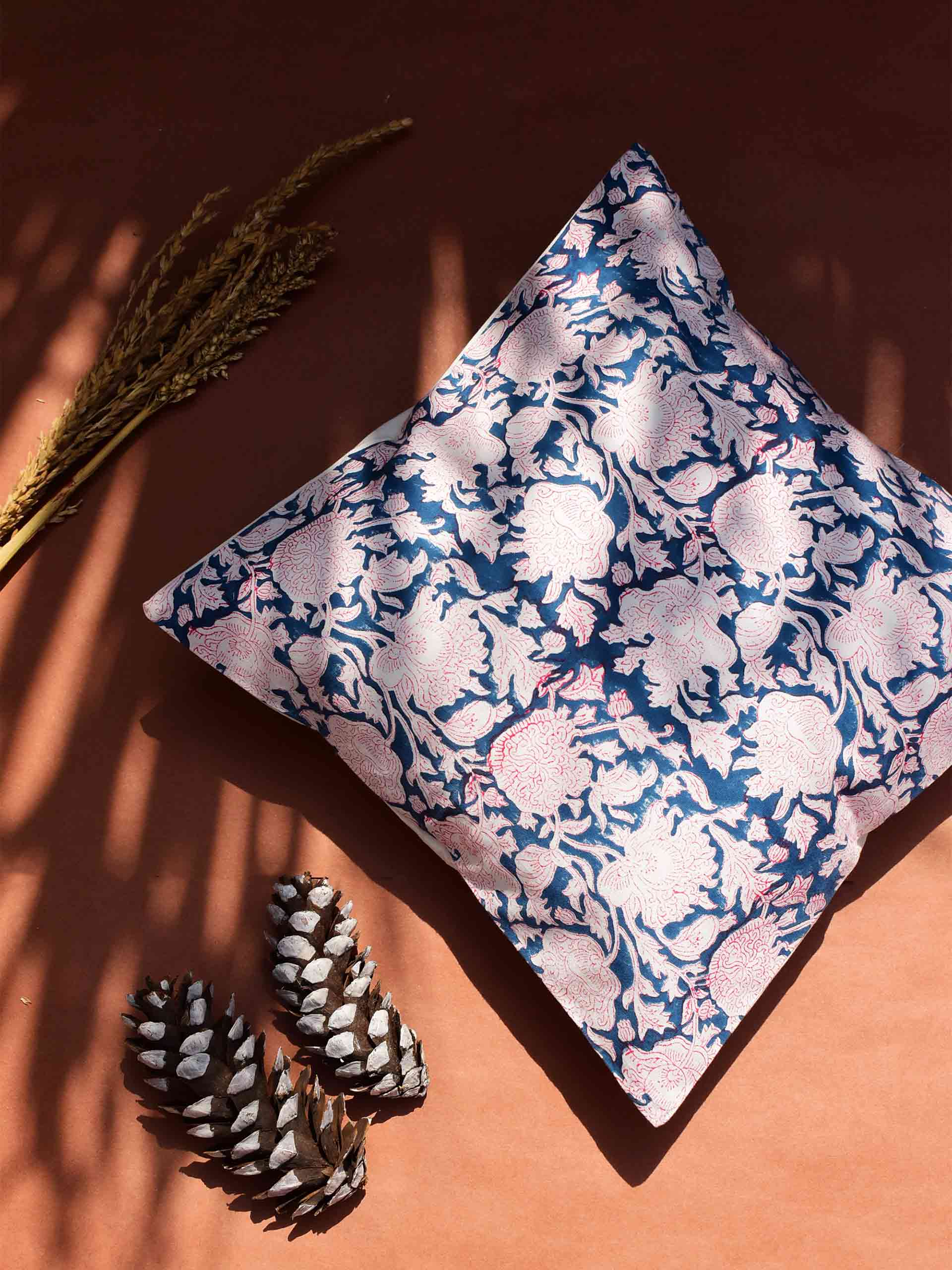 Floral - Hand block printed cotton cushion cover 16X16