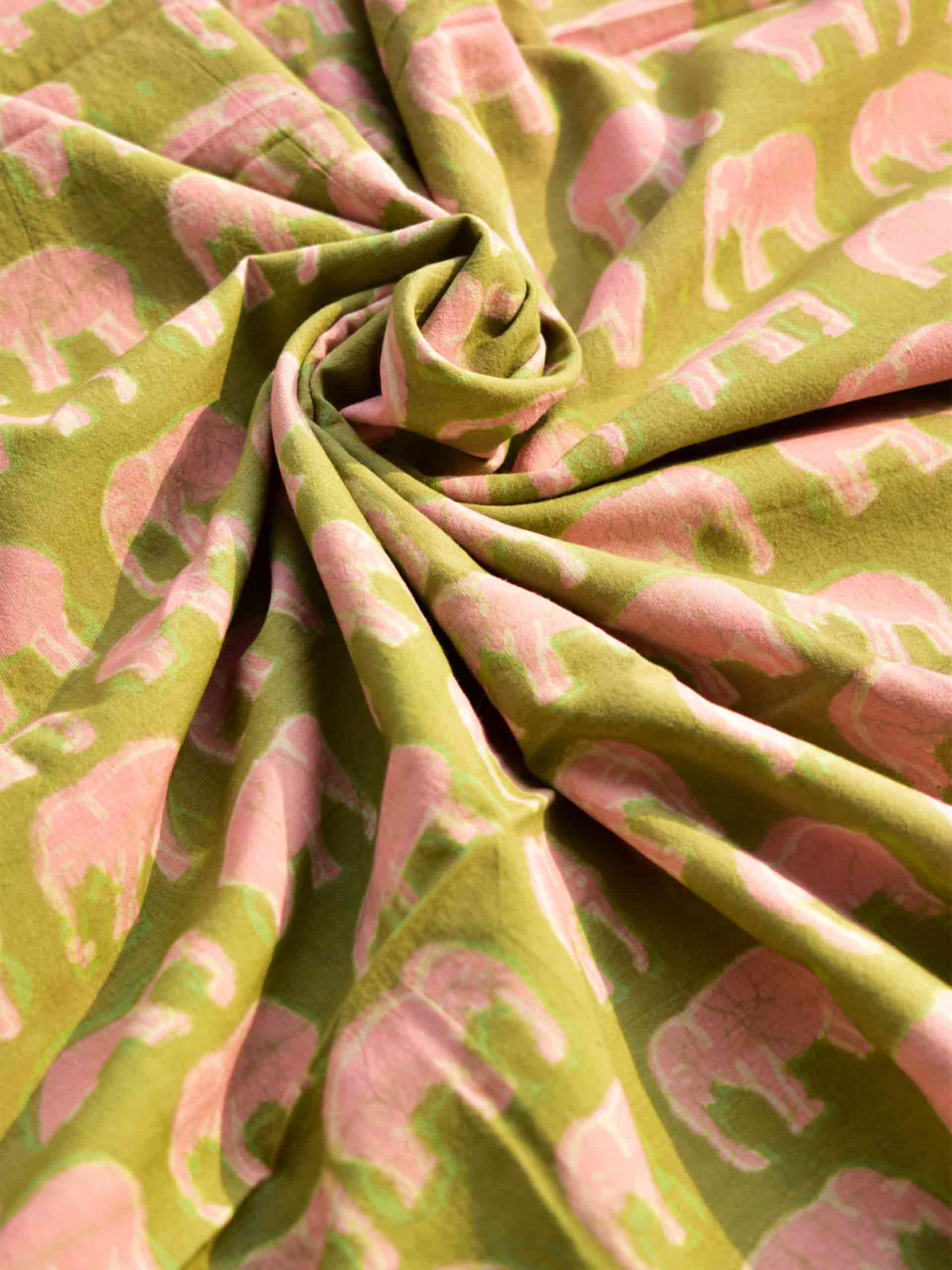 Pink Elephant - Hand block printed Cotton fabric 330 per meter