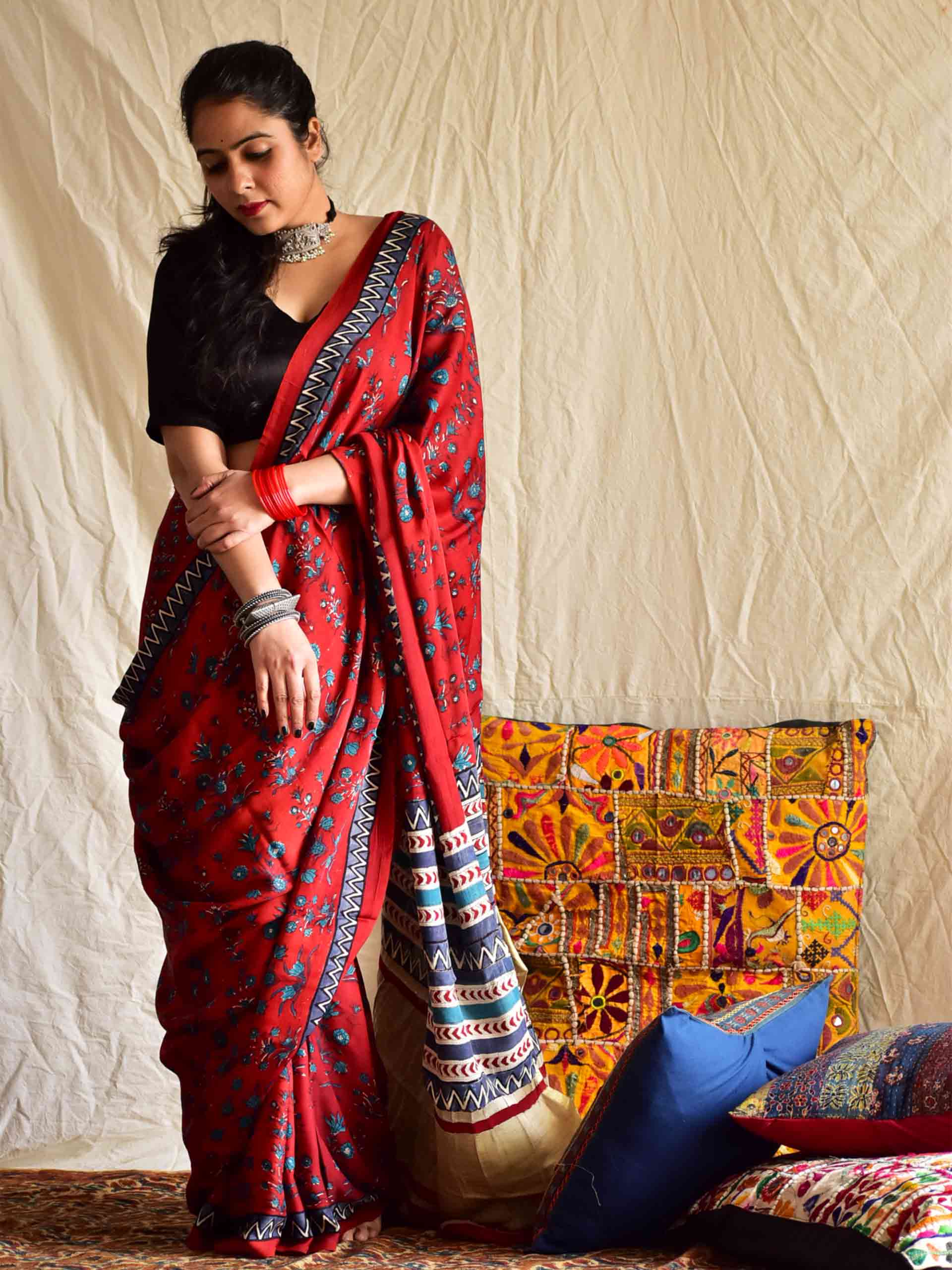 hand block printed Modal Silk Saree with zari pallu
