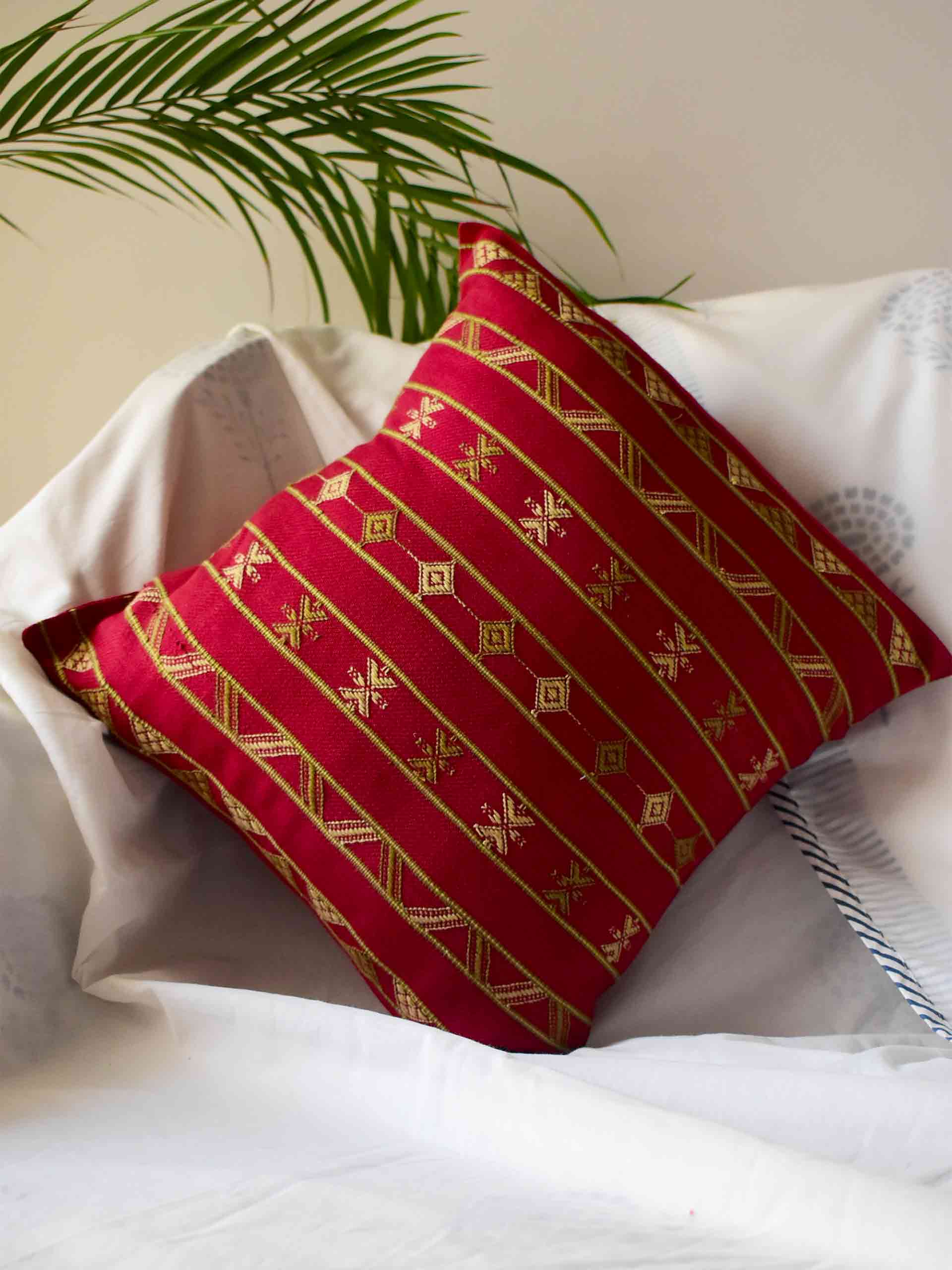 Buy Maroon kashida Handloom Cushion Cover Online