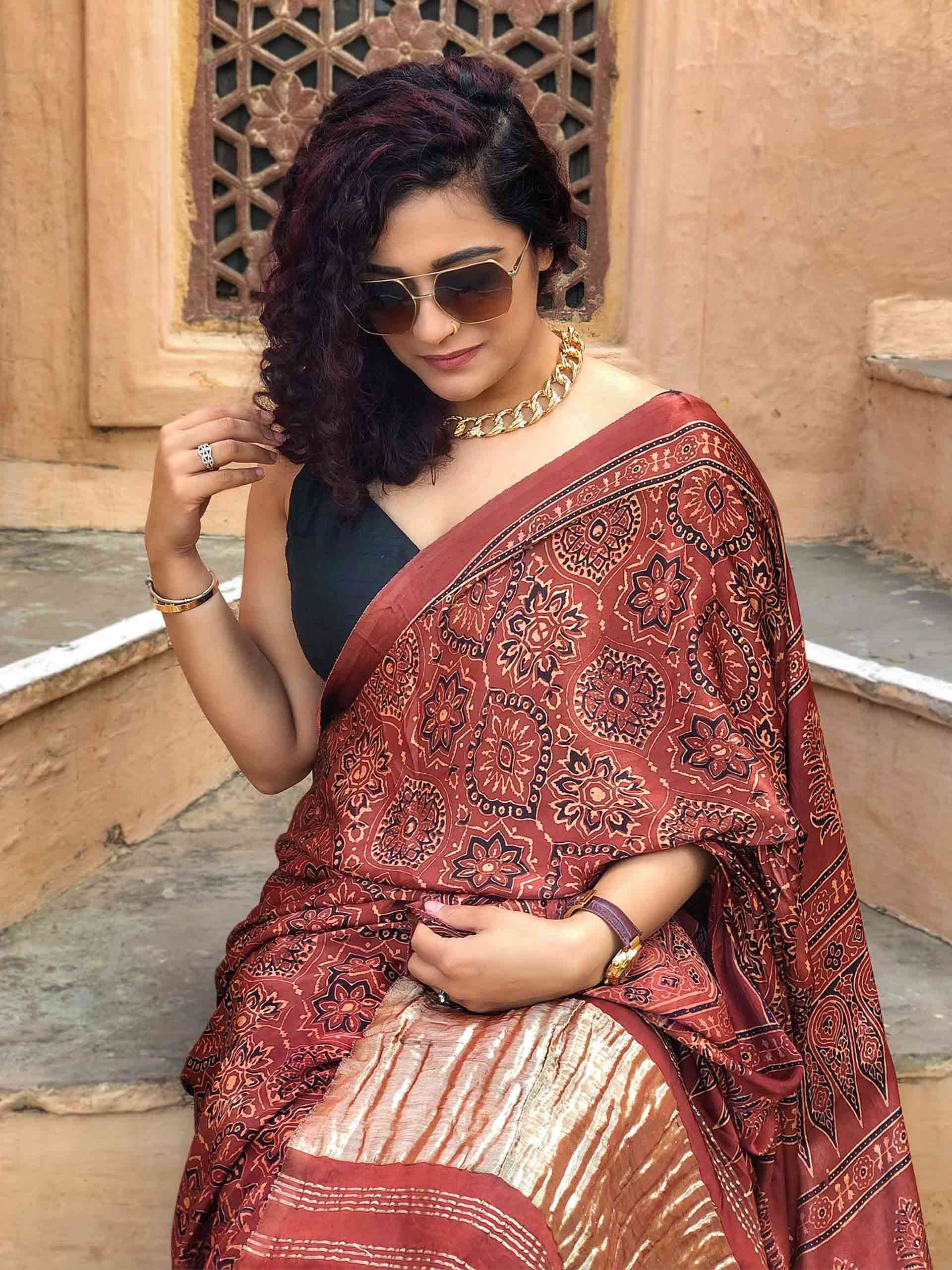 Buy Maroon Ajrakh hand block printed Modal silk saree with zari pallu